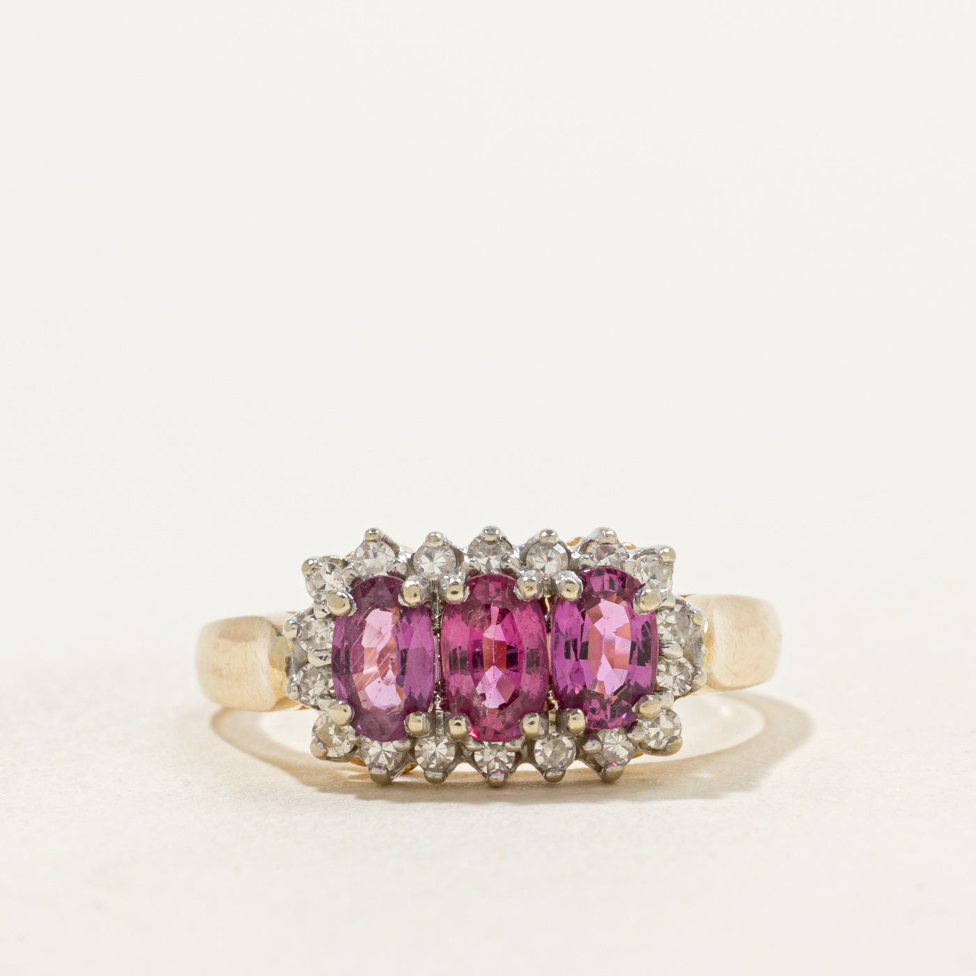 Ruby & Diamond Three Stone Halo Ring | 0.90ctw, 0.15ctw | SZ 6.25 |