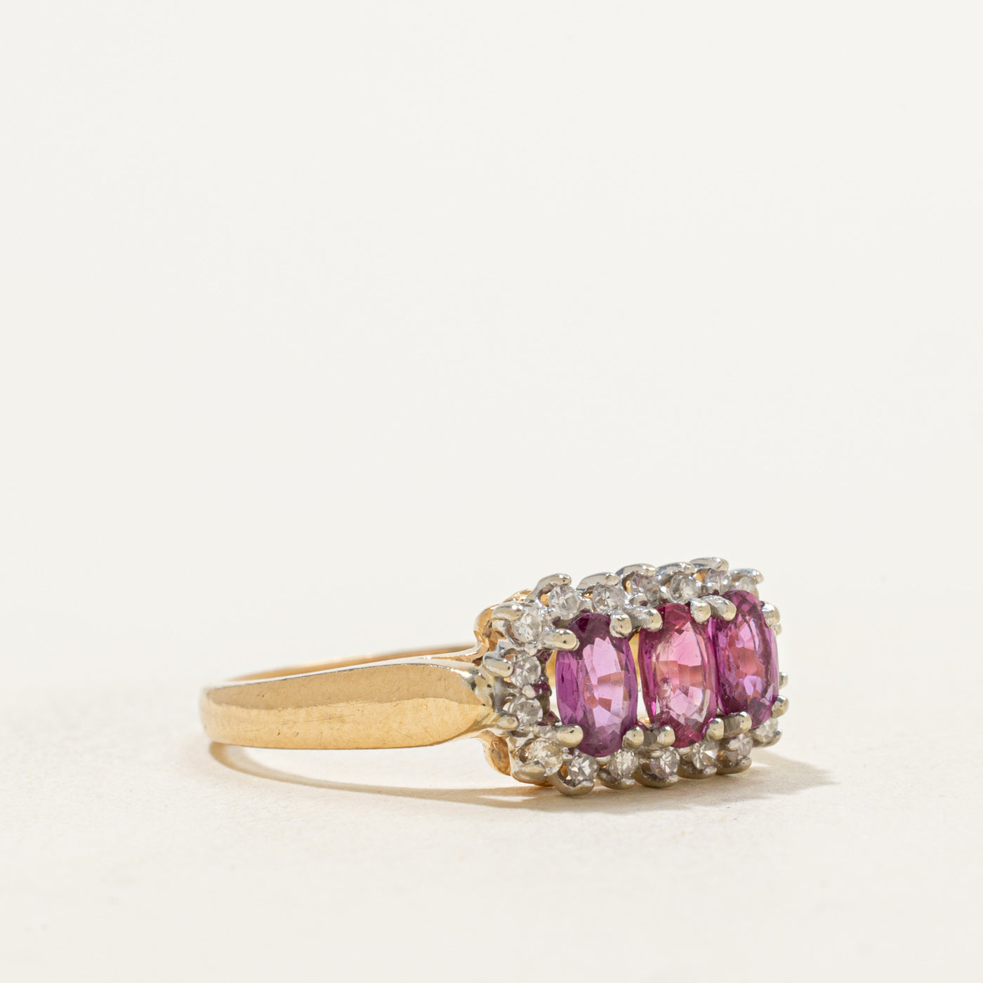 Ruby & Diamond Three Stone Halo Ring | 0.90ctw, 0.15ctw | SZ 6.25 |