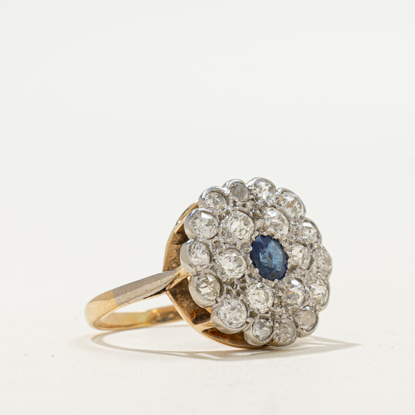 Edwardian Platinum Topped 14k Gold Old European Cut Diamond & Sapphire Halo Ring | 2.30ctw, 0.36ct | SZ 6.75 |