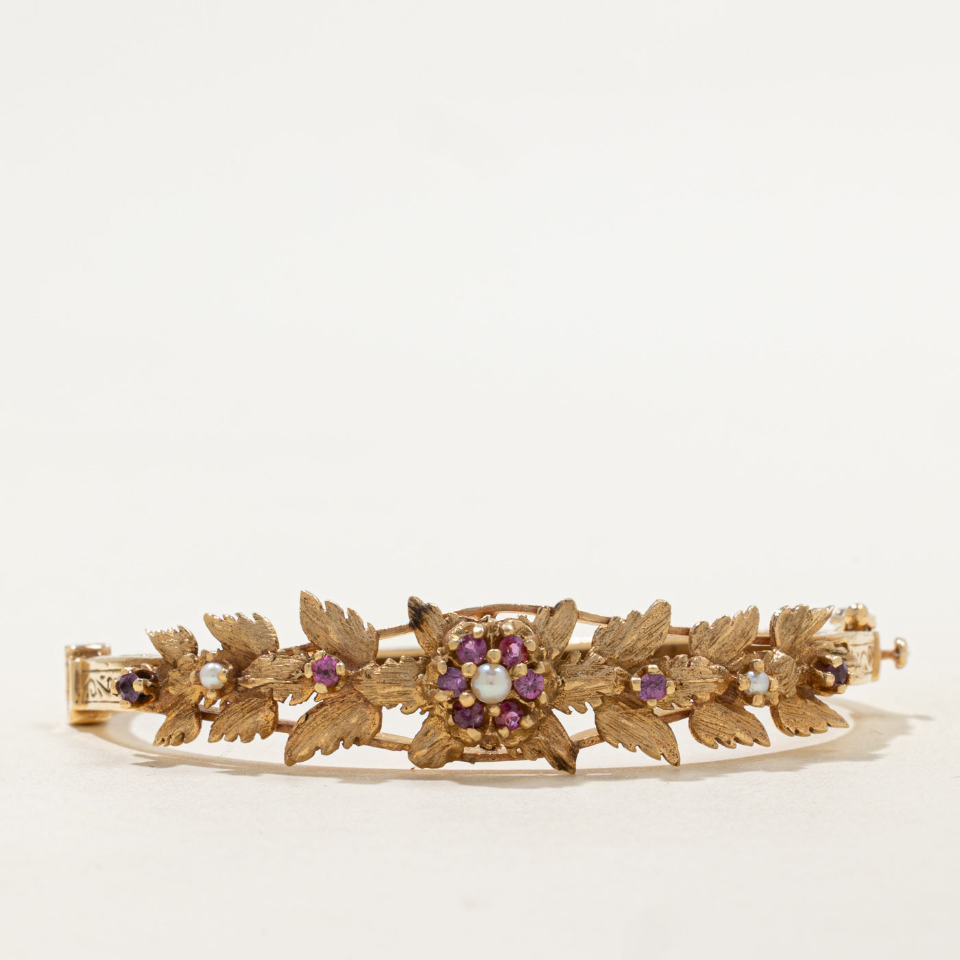 Ruby & Seed Pearl Floral Leafy Bangle | 0.36ctw | 6" |