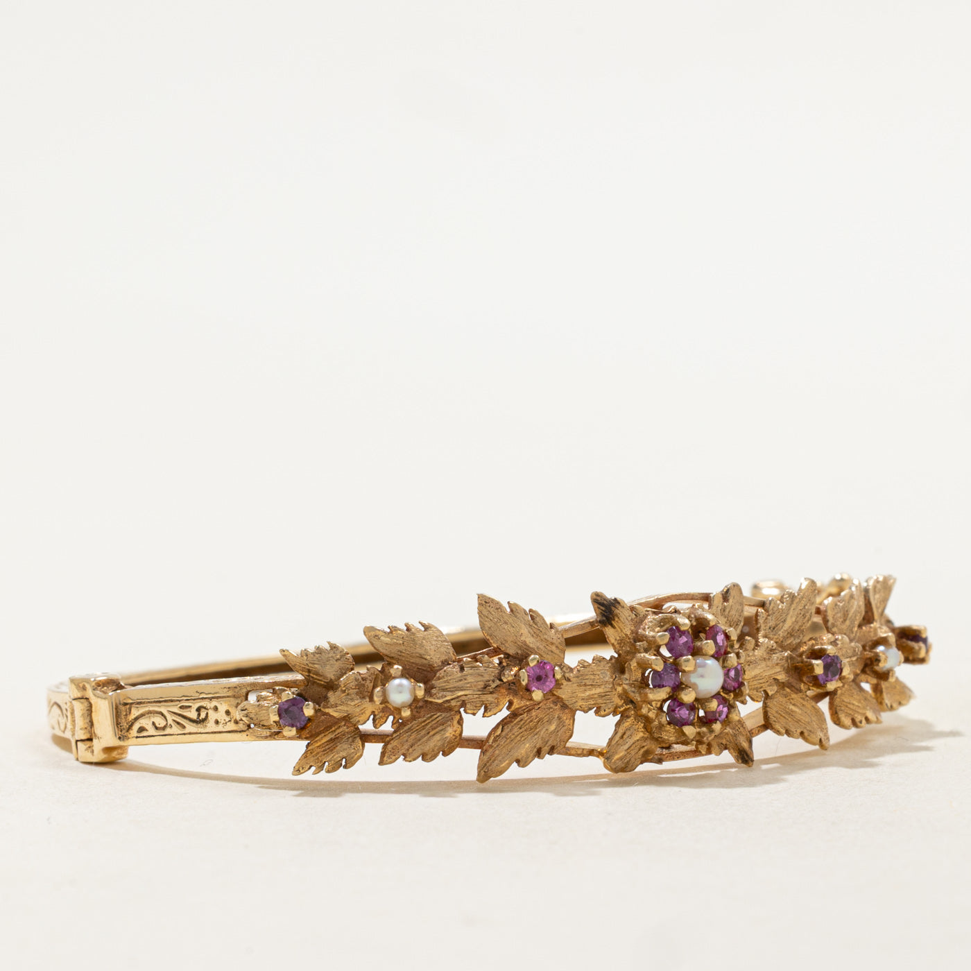 Ruby & Seed Pearl Floral Leafy Bangle | 0.36ctw | 6" |