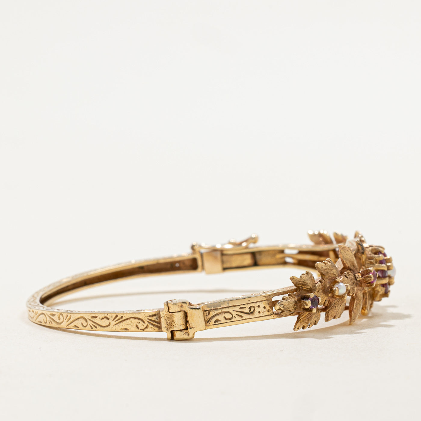Ruby & Seed Pearl Floral Leafy Bangle | 0.36ctw | 6" |