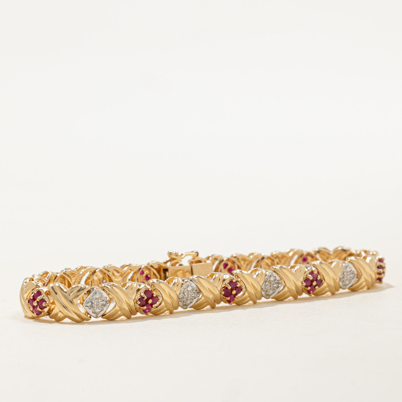 Ruby & Diamond Cluster X Grooved Gemstone Bracelet | 1.00ctw, 0.09ctw | 7" |