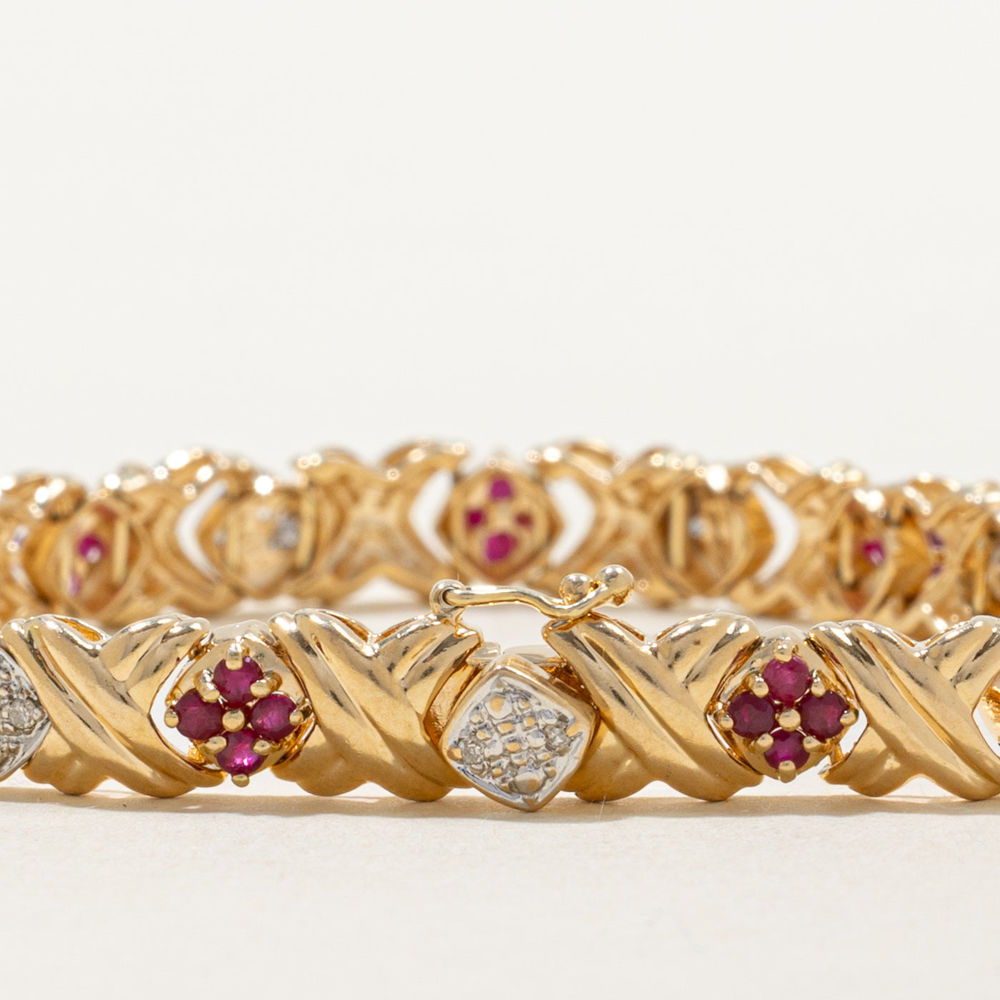 Ruby & Diamond Cluster X Grooved Gemstone Bracelet | 1.00ctw, 0.09ctw | 7" |