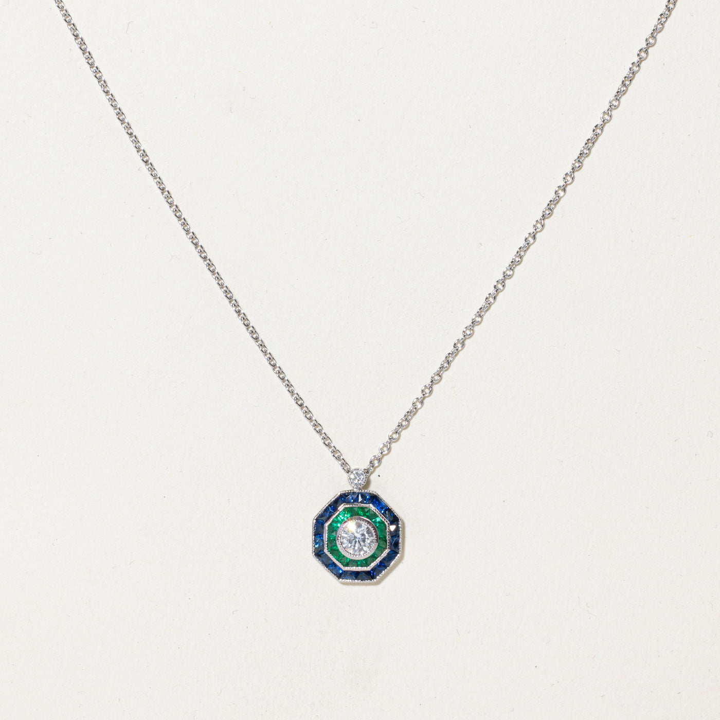 '100 Ways' Art Deco Inspired Diamond, Emerald & Sapphire Necklace | 0.27ct, 1.50ctw | 18" |