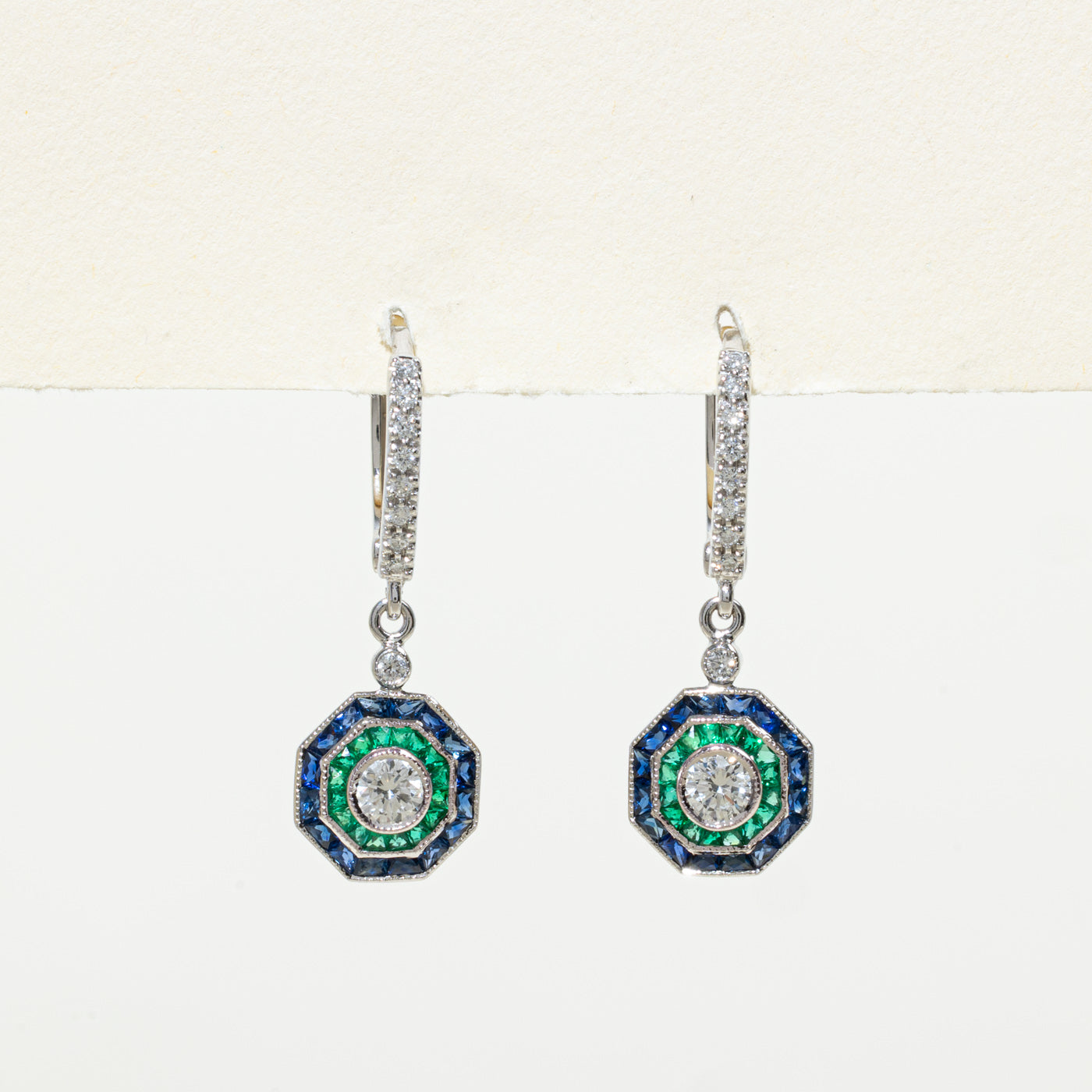 '100 Ways' Art Deco Inspired Diamond, Sapphire & Emerald Drop Earrings | 0.45ctw, 3.10ctw |