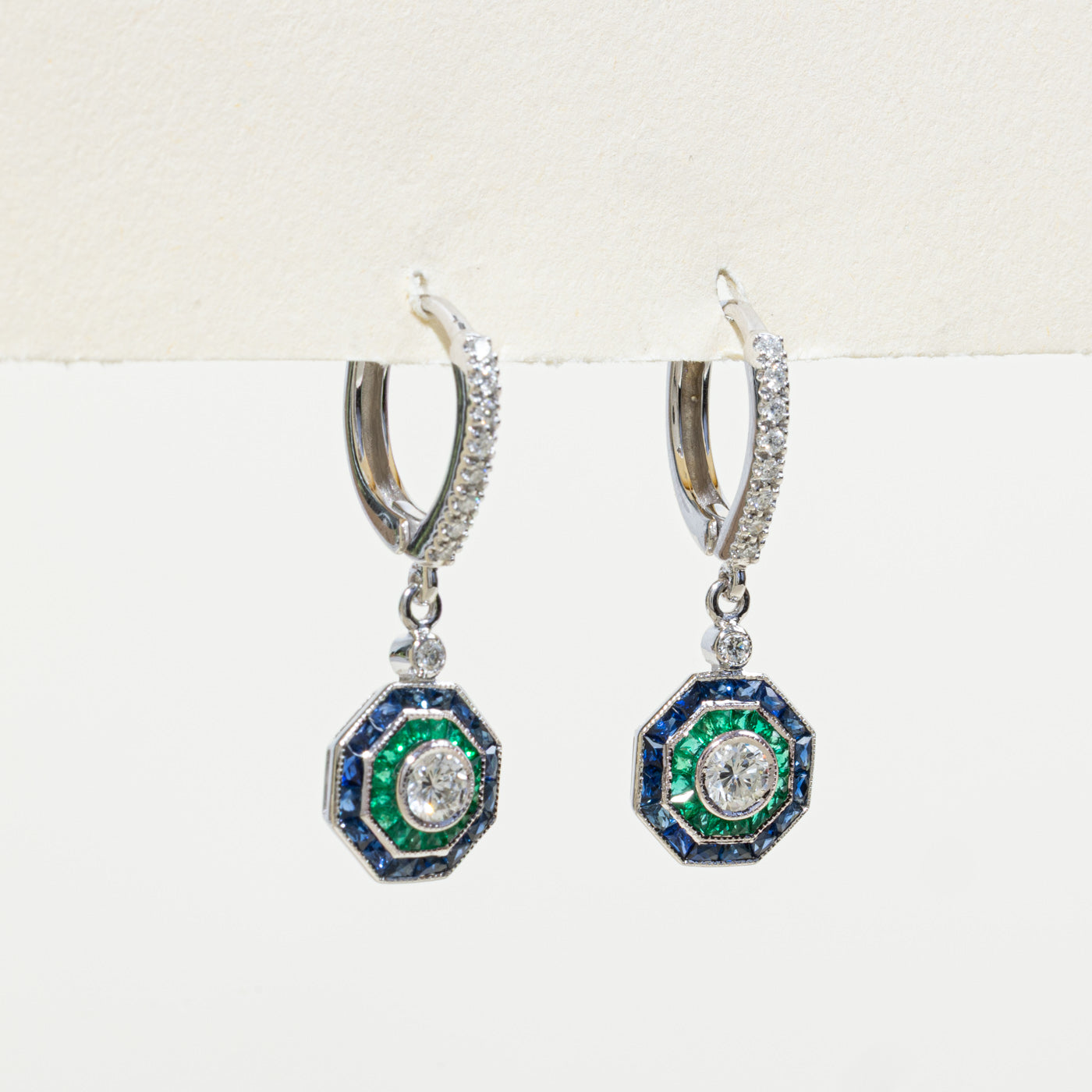 '100 Ways' Art Deco Inspired Diamond, Sapphire & Emerald Drop Earrings | 0.45ctw, 3.10ctw |