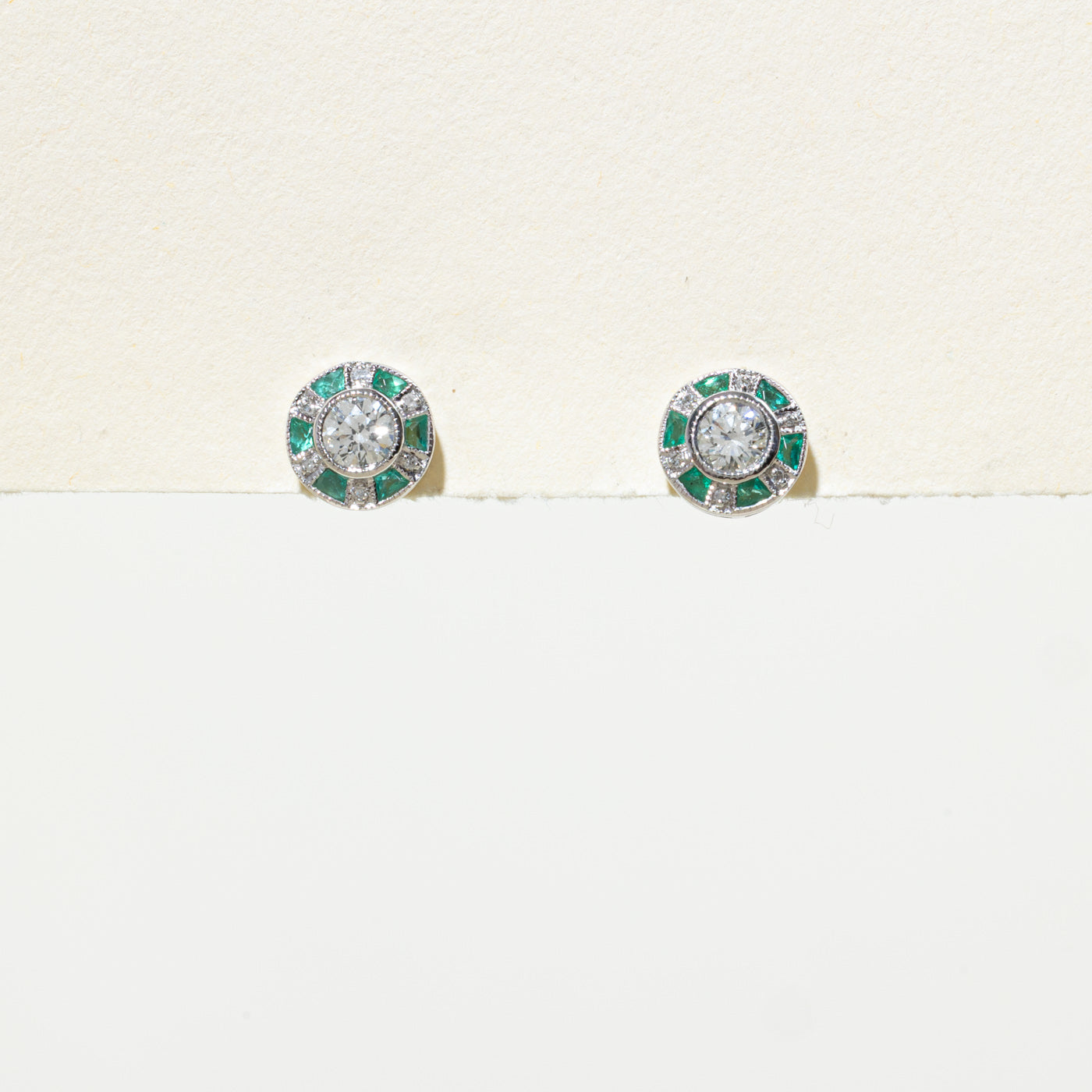 '100 Ways' Art Deco Inspired Diamond & Emerald Stud Earrings | 0.43ctw, 0.36ctw |