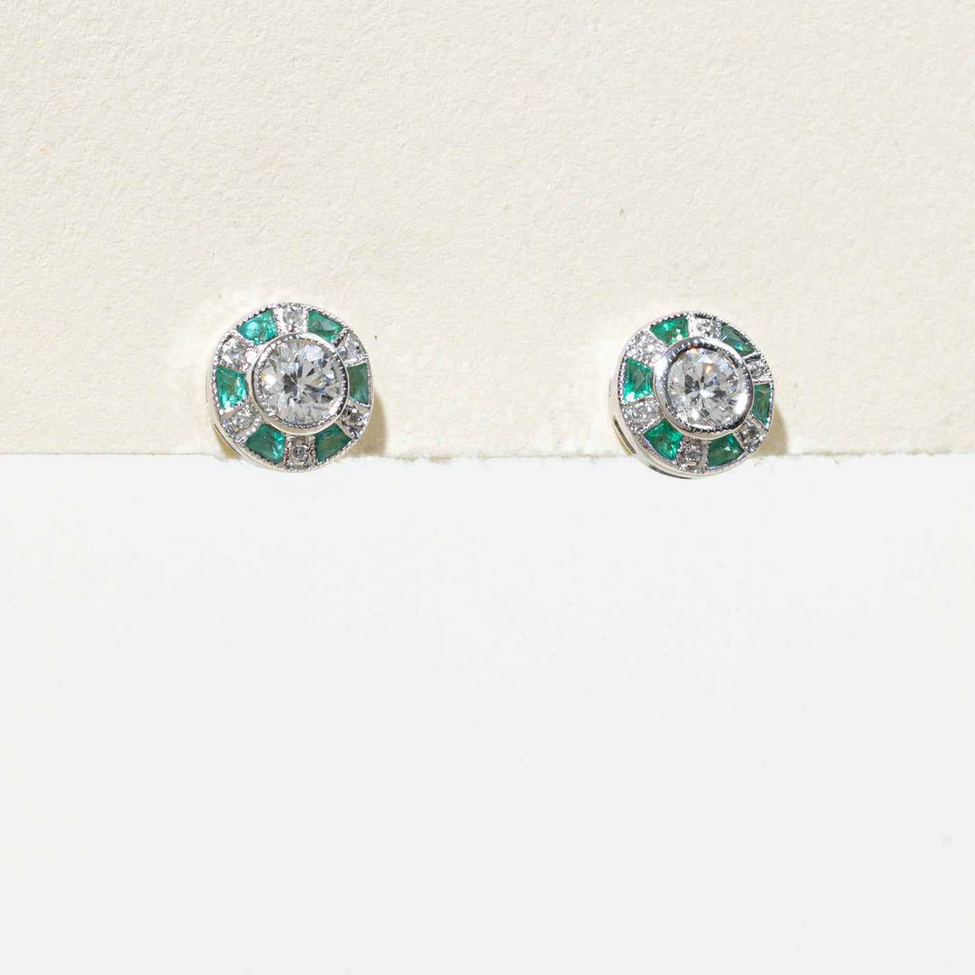 '100 Ways' Art Deco Inspired Diamond & Emerald Stud Earrings | 0.43ctw, 0.36ctw |