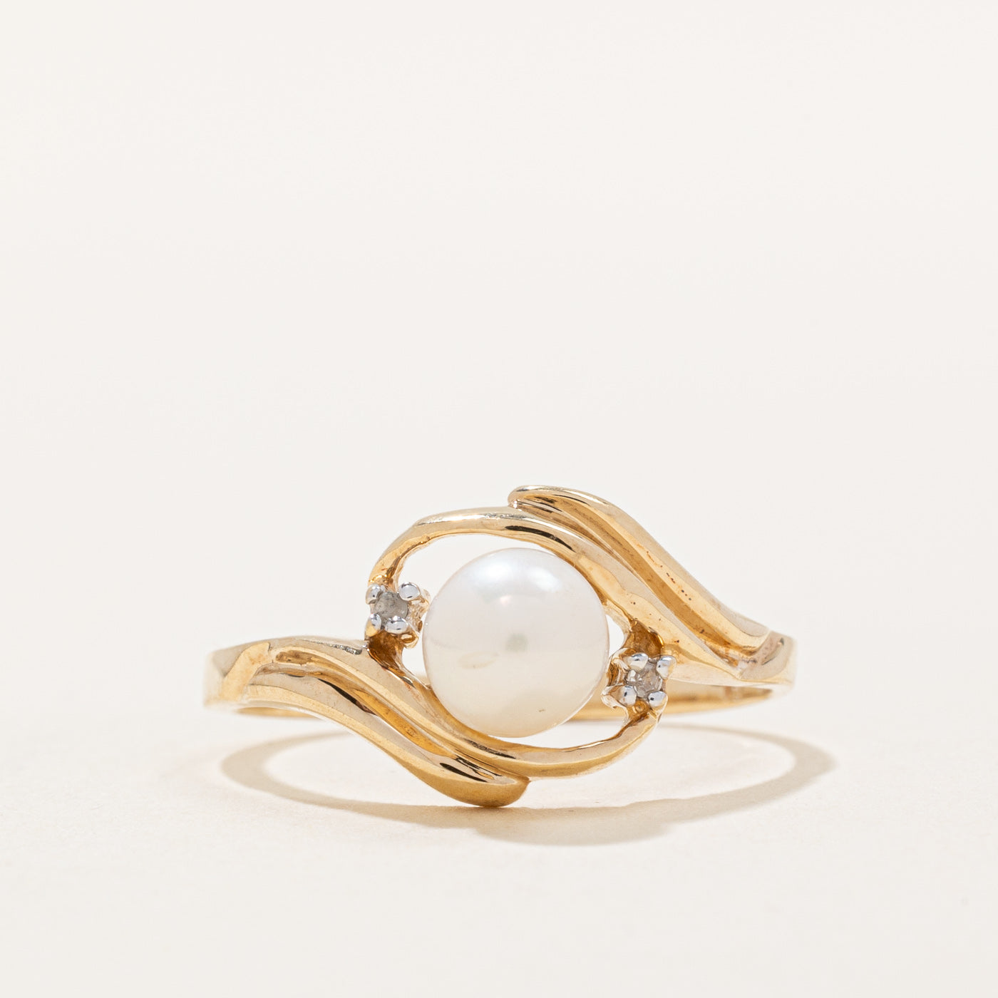 Three Stone Pearl & Diamond Bypass Ring | 6.00mm, 0.01ctw | SZ 6.75 |