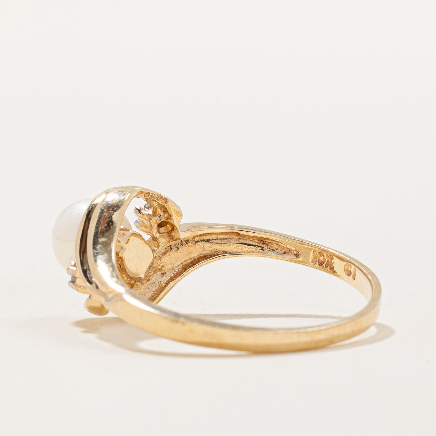 Three Stone Pearl & Diamond Bypass Ring | 6.00mm, 0.01ctw | SZ 6.75 |