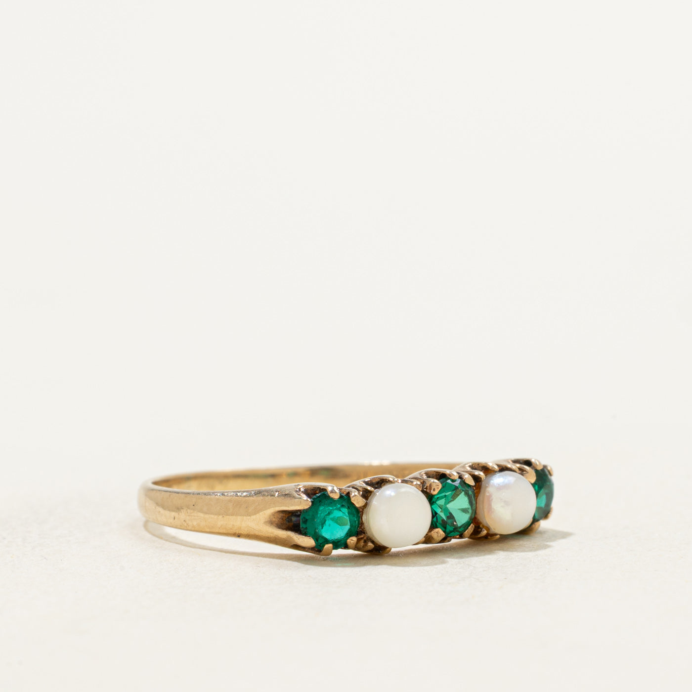 10k Five Stone Pearl & Green Glass Ring | 0.5ctw | SZ 7.75