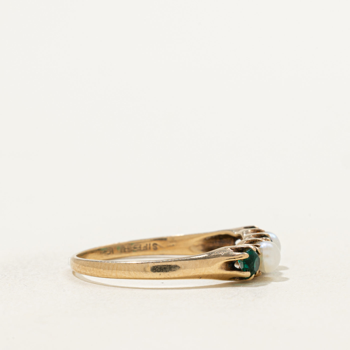 10k Five Stone Pearl & Green Glass Ring | 0.5ctw | SZ 7.75