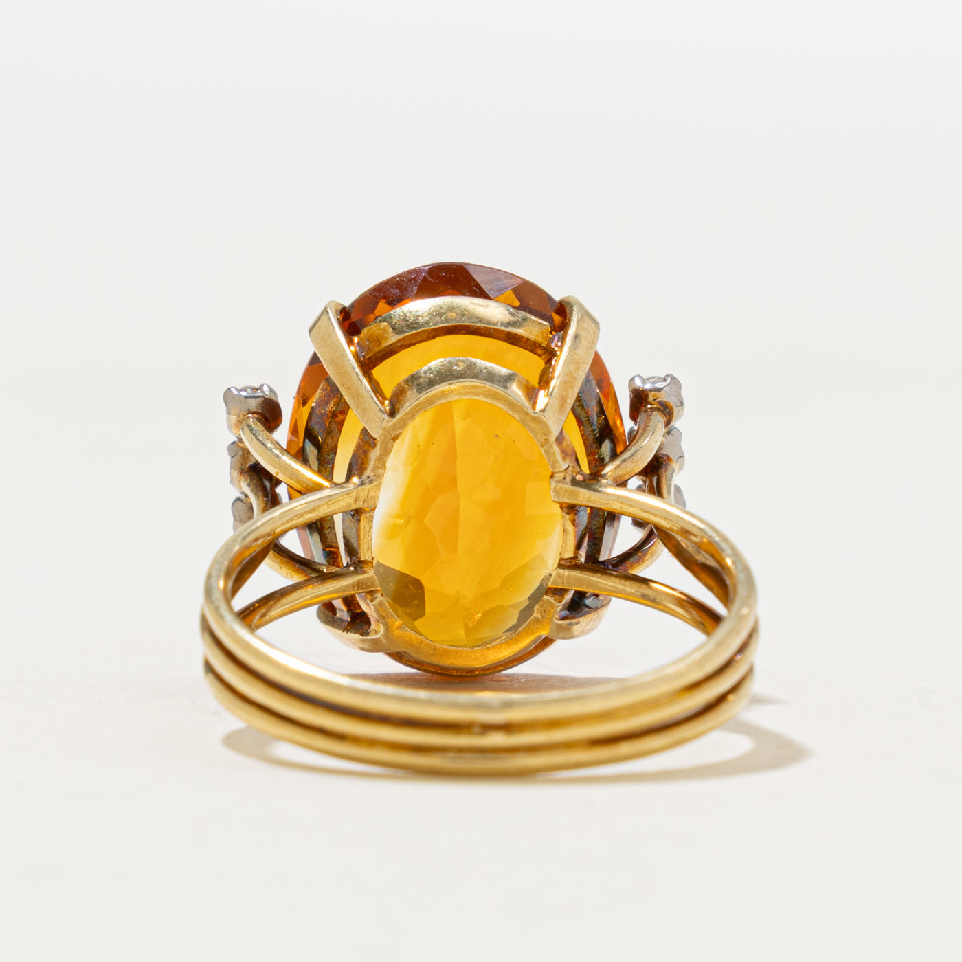 17k Oval Cut Citrine & Diamond Accented Cocktail Ring | 10.55ct, 0.12ctw | SZ 7.5