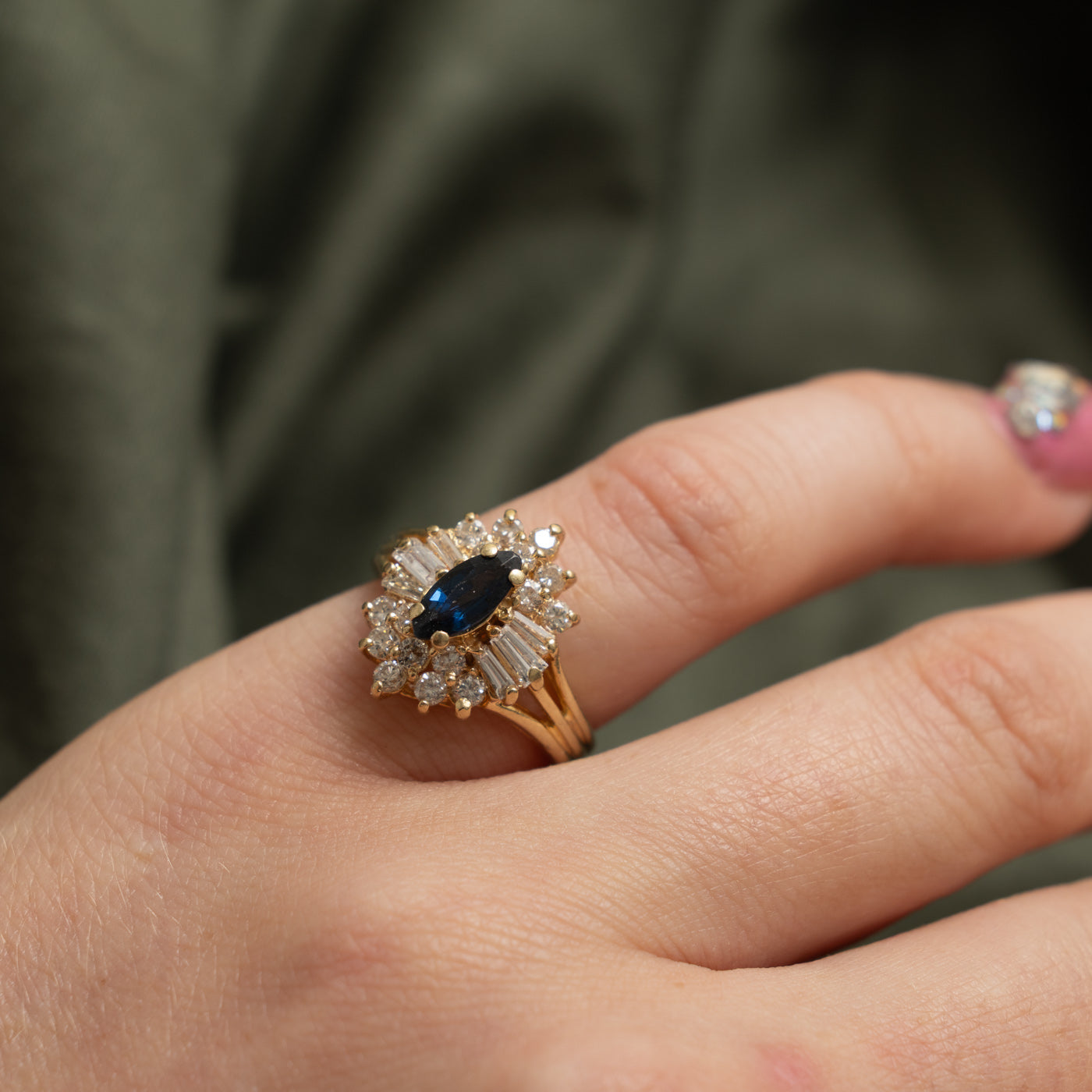 14k Marquise Cut Sapphire & Diamond Halo Ornate Cocktail Ring | 0.50ct, 0.62ctw | SZ 5.25