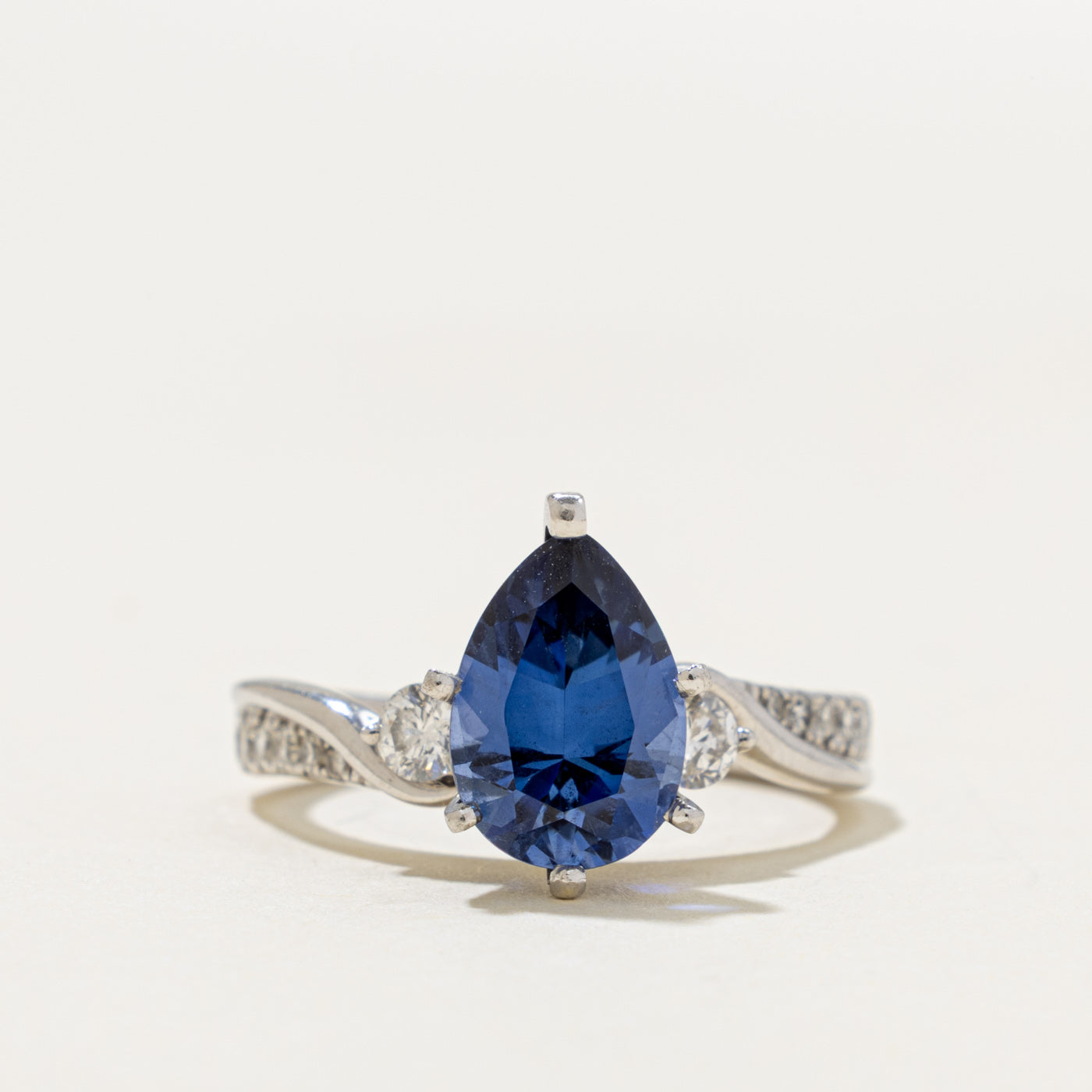 14k Pear Cut Synthetic Sapphire & Diamond Accented Ring | 2.50ct, 0.36ctw | SZ 6