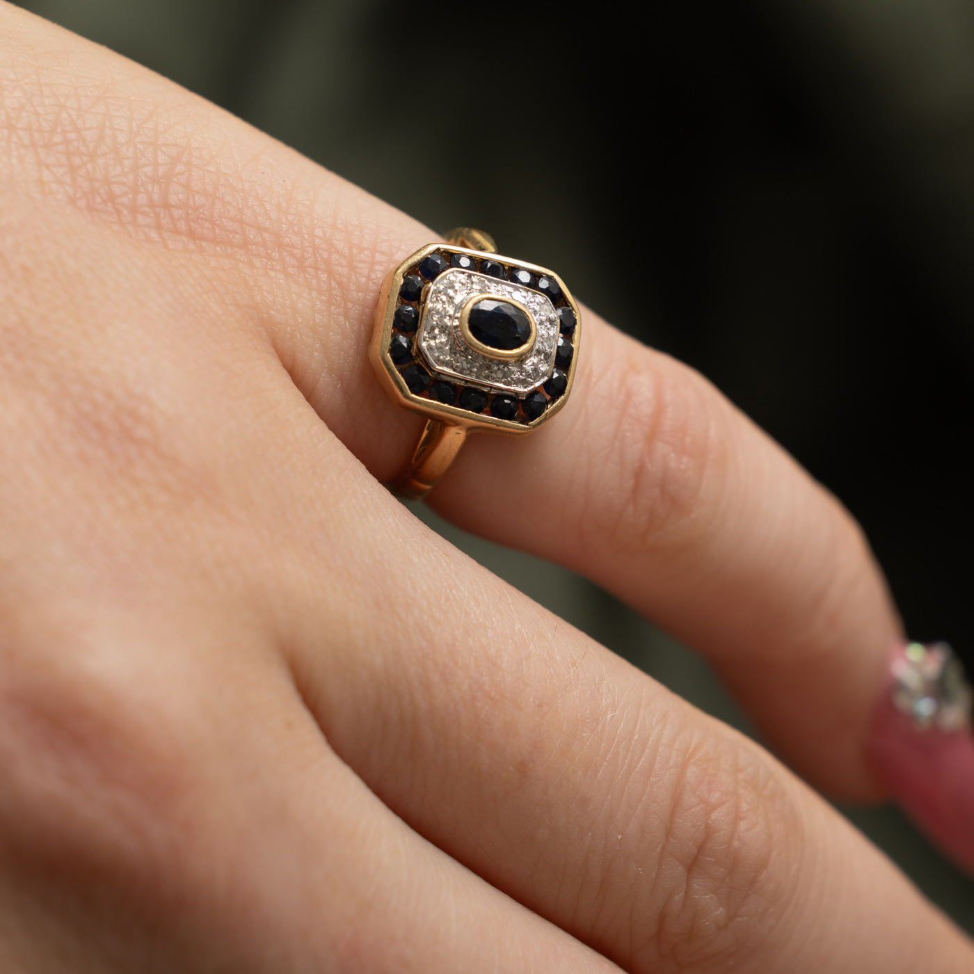 14k Bezel Set Sapphire & Diamond Halo Geometric Ring | 0.60ct, 0.10ctw | SZ 3
