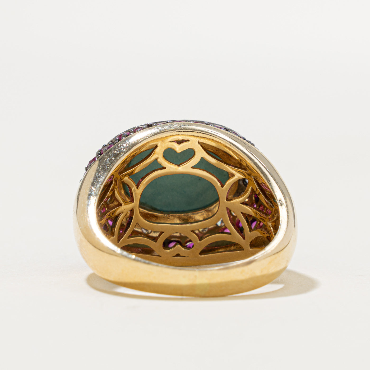 14k East West Turquoise, Pink Sapphire & Diamond Halo Dome Ring | 7.80ctw, 0.36ctw | SZ 10.25