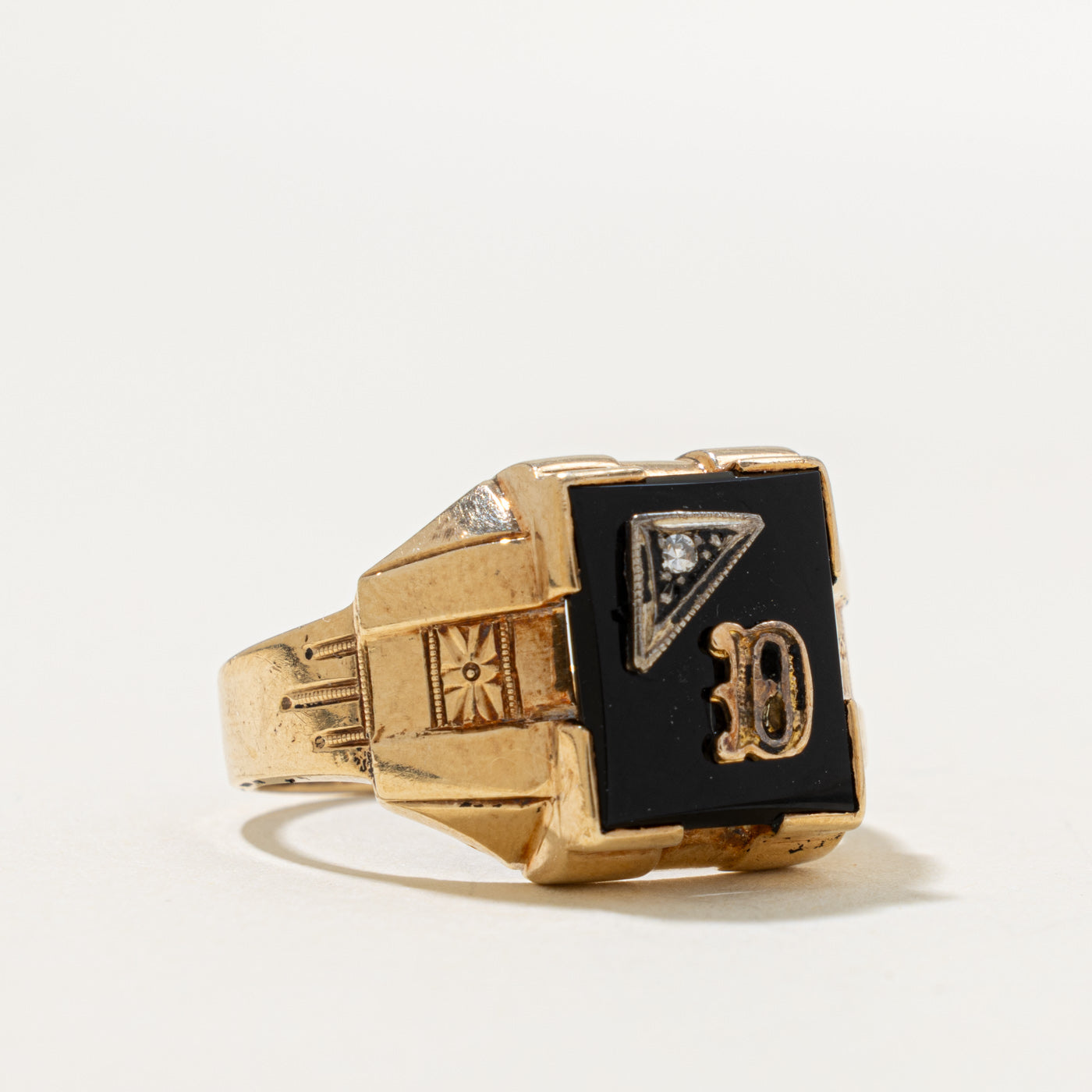 10k Onyx & Diamond "D" Initial Signet Ring | 3.60ct, 0.02ct | SZ 10.75