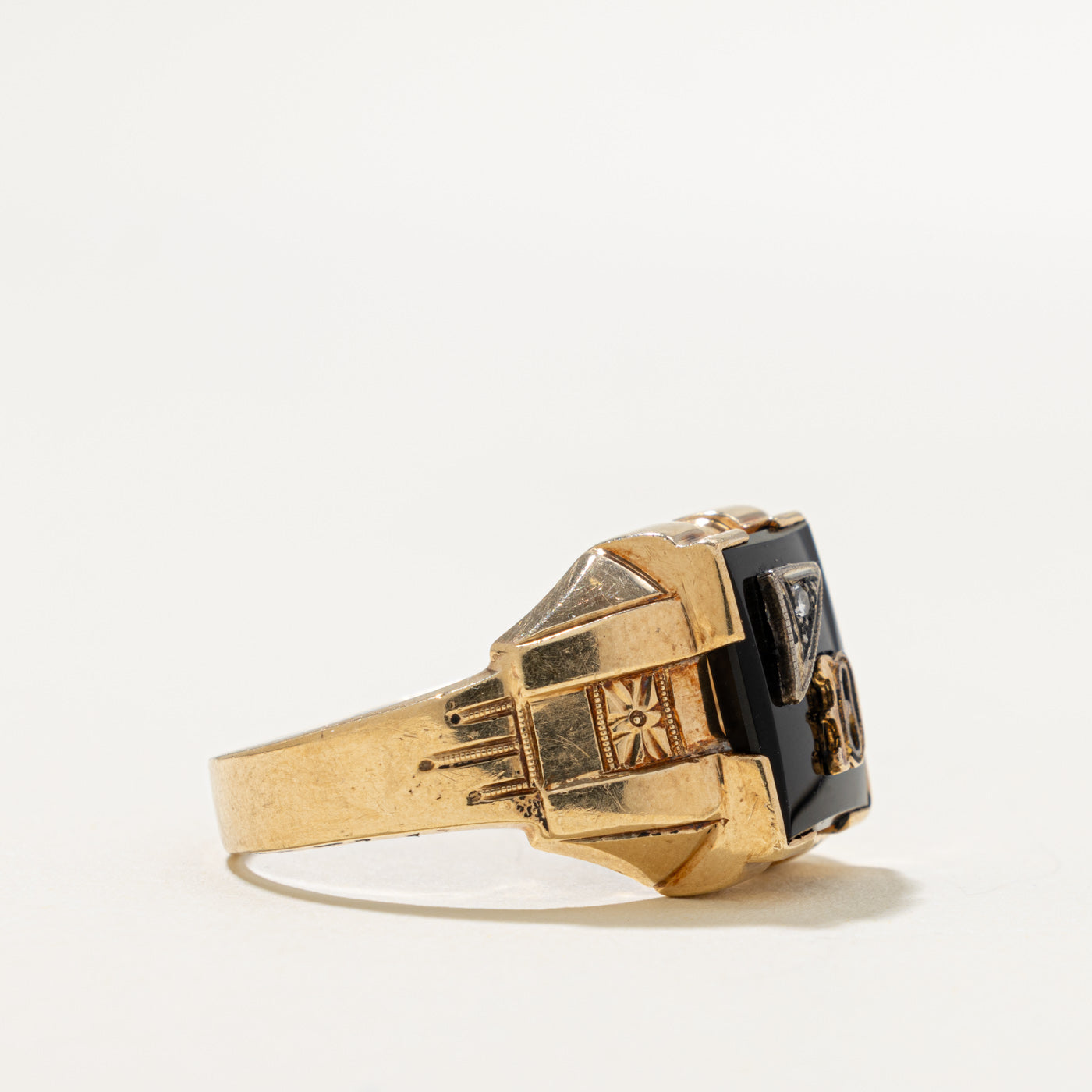 10k Onyx & Diamond "D" Initial Signet Ring | 3.60ct, 0.02ct | SZ 10.75