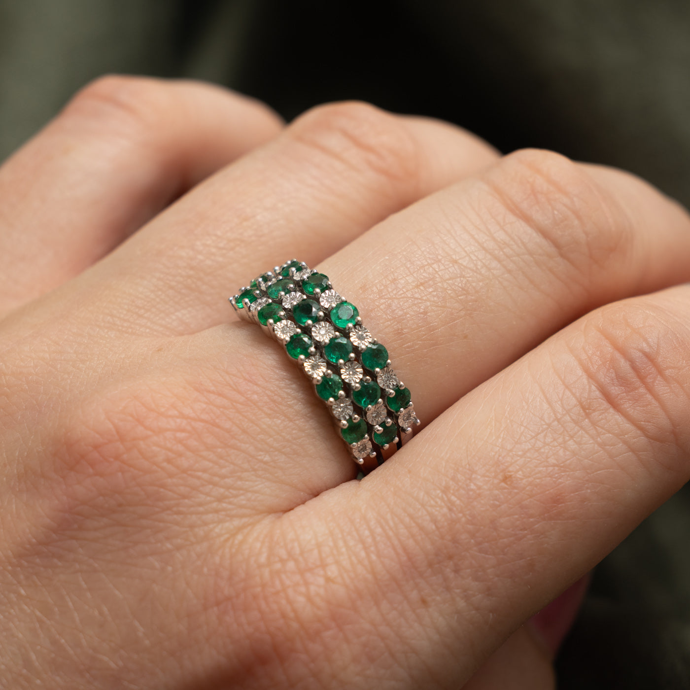 'Effy' Multi Row Emerald & Diamond Grid Ring | 0.68ct, 0.05ctw | SZ 7.25