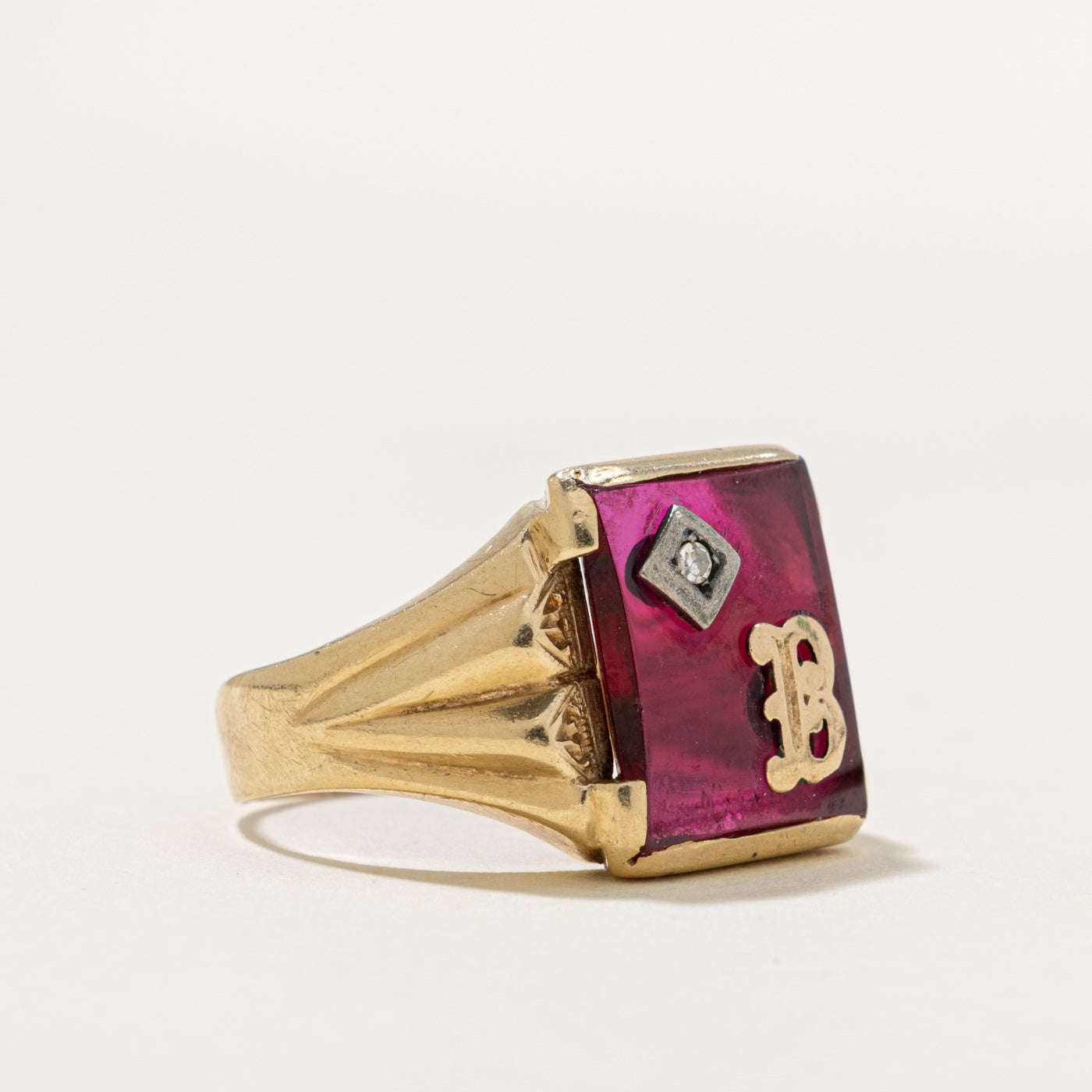 10k Synthetic Ruby & Diamond "B" Initial Signet Ring | 7.30ct, 0.01ct | SZ 8.5