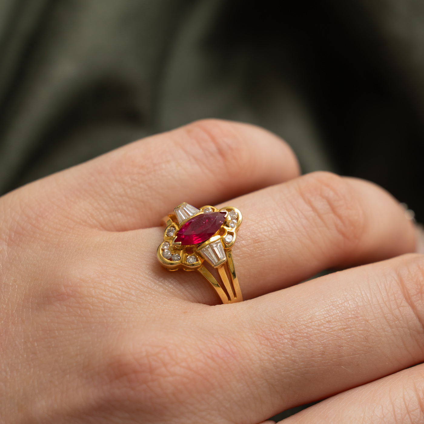 14k Marquise Cut Ruby & Diamond Scalloped Halo Ring | 0.9ct, 0.28ctw | SZ 8.5
