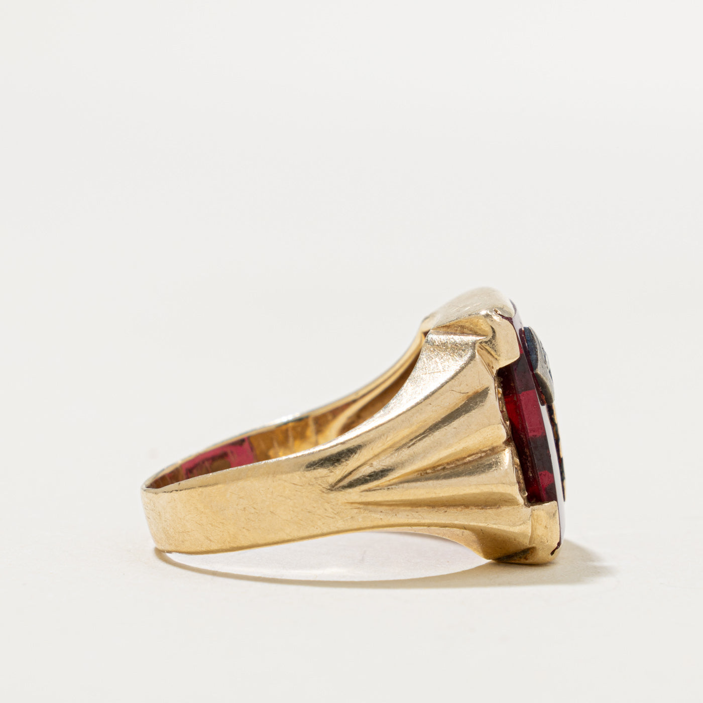 10k Synthetic Ruby & Diamond "B" Initial Signet Ring | 7.30ct, 0.01ct | SZ 8.5