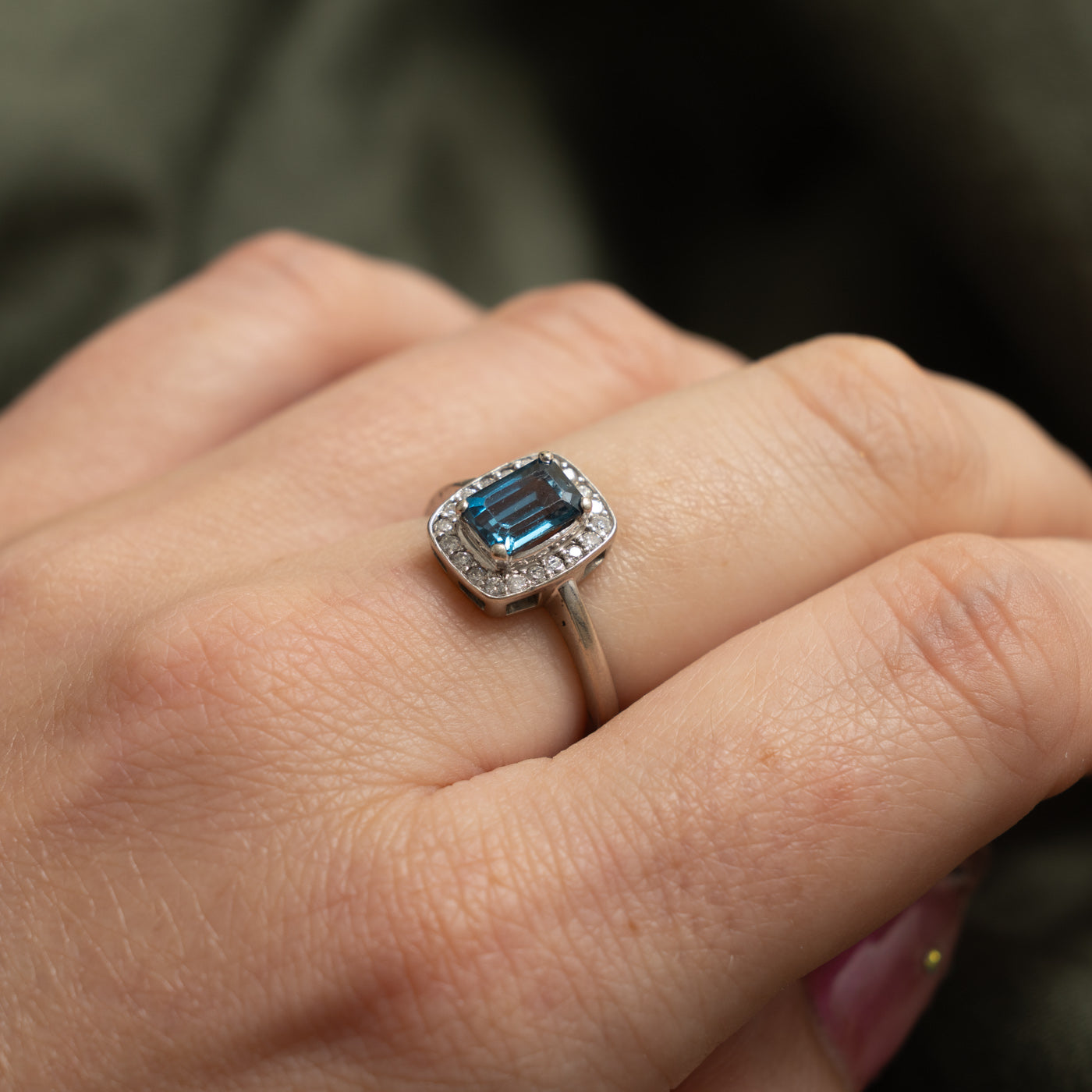 10k Pave Set London Blue Topaz & Diamond Halo Ring | 1.00ct, 0.20ctw | SZ 6.5