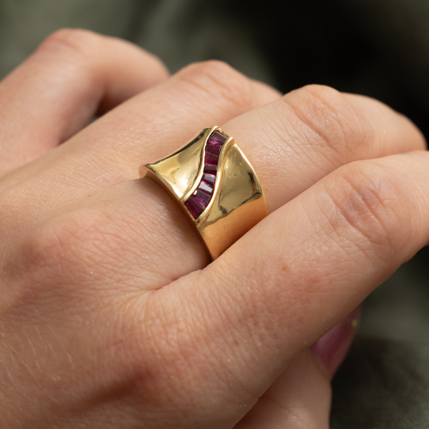 14k Channel Set Ruby Waterfall Cigar Band | 0.70ct | 13.4mm | SZ 7