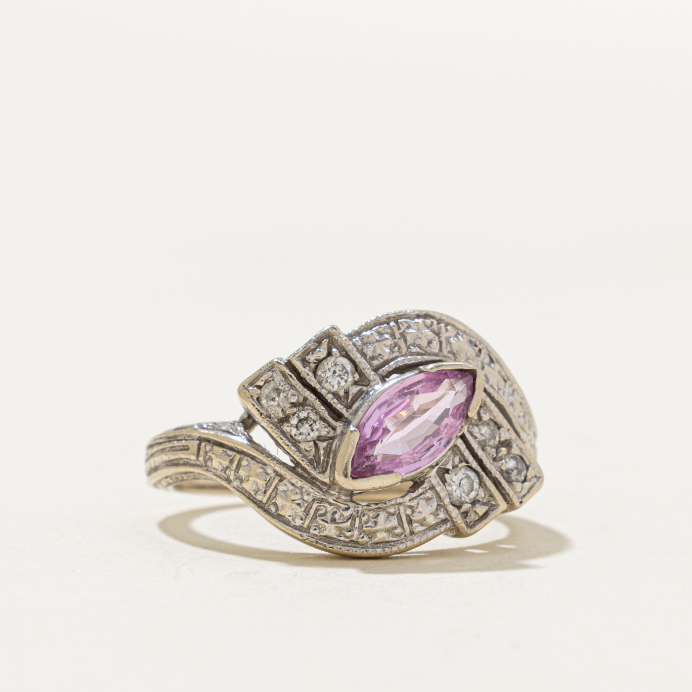 14k Marquise Cut Pink Sapphire & Diamond Geometric Cross Over Ring | 0.50ct, 0.14ctw | SZ 4.75