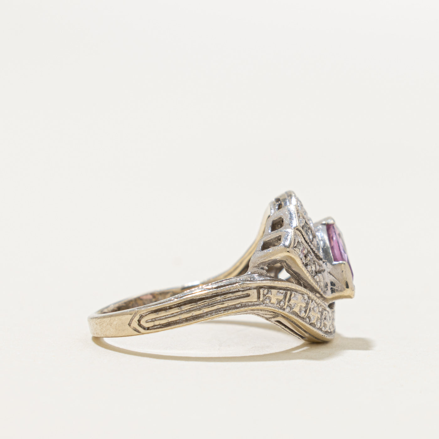 14k Marquise Cut Pink Sapphire & Diamond Geometric Cross Over Ring | 0.50ct, 0.14ctw | SZ 4.75