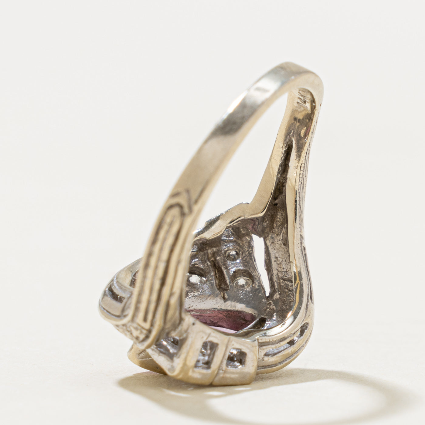 14k Marquise Cut Pink Sapphire & Diamond Geometric Cross Over Ring | 0.50ct, 0.14ctw | SZ 4.75