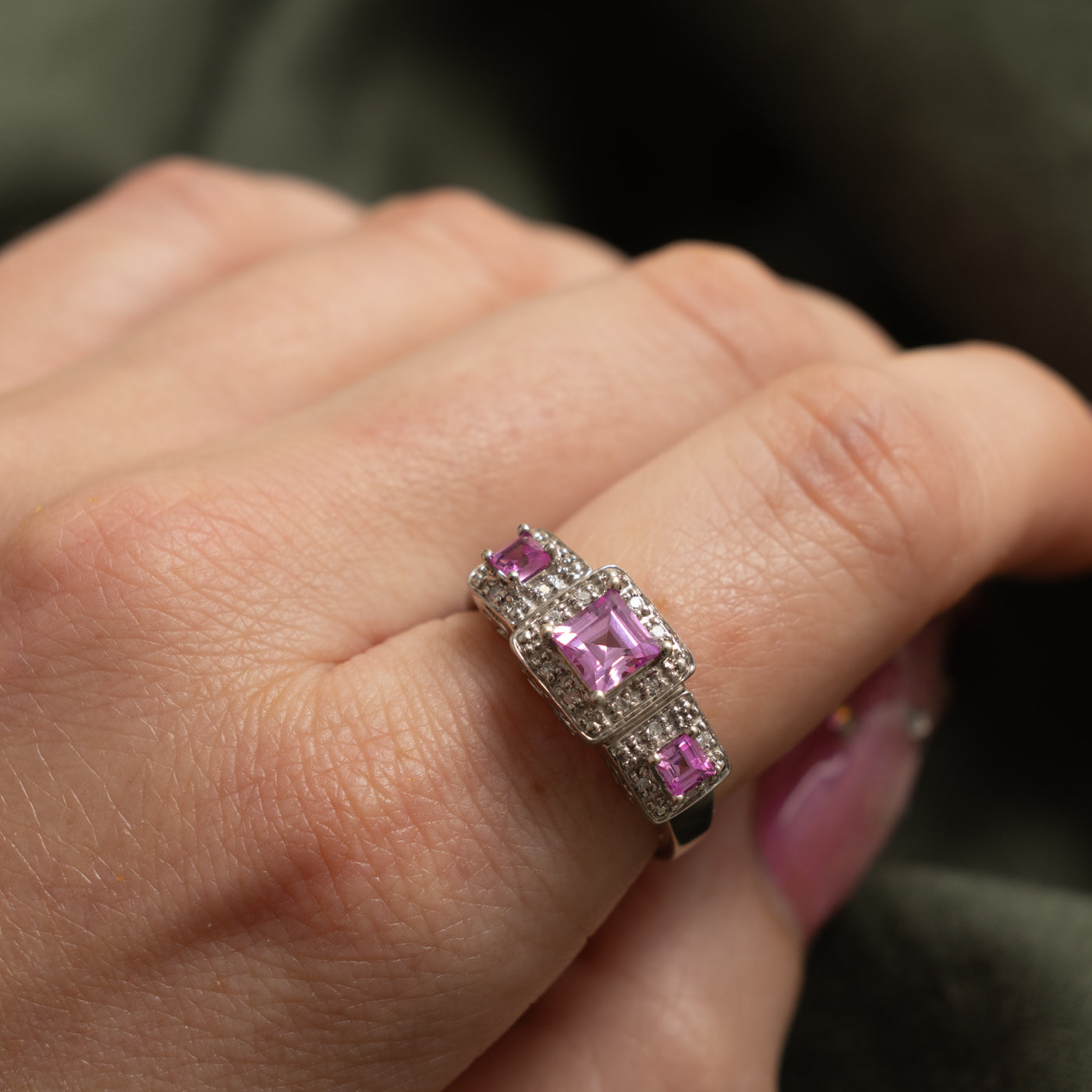 10k Three Stone Synthetic Sapphire & Diamond Halo Ring | 1.20ctw, 0.08ctw | SZ 8.25
