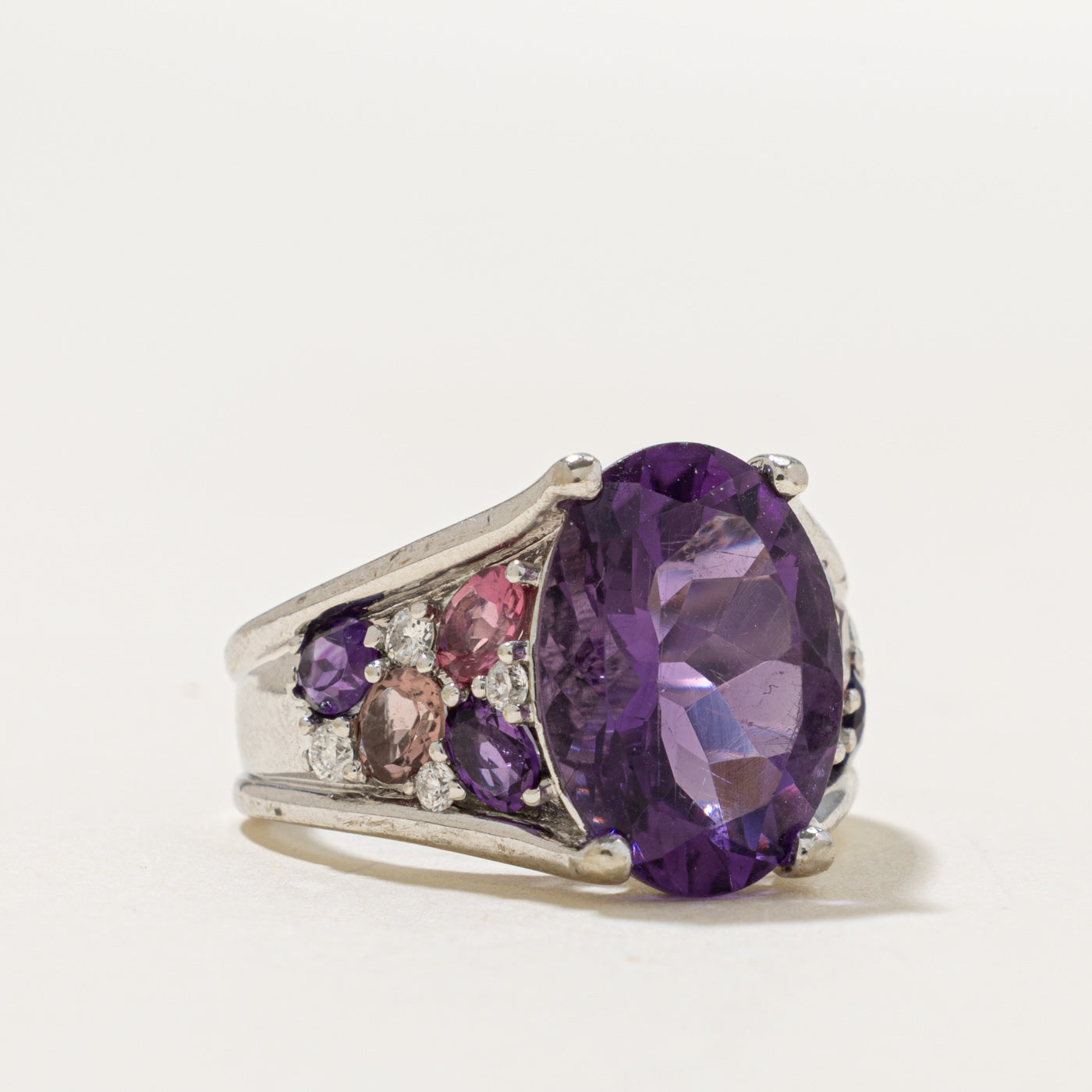10k Oval Cut Amethyst, Tourmaline & Diamond Cocktail Ring | 5.90ctw, 0.16ctw | SZ 6