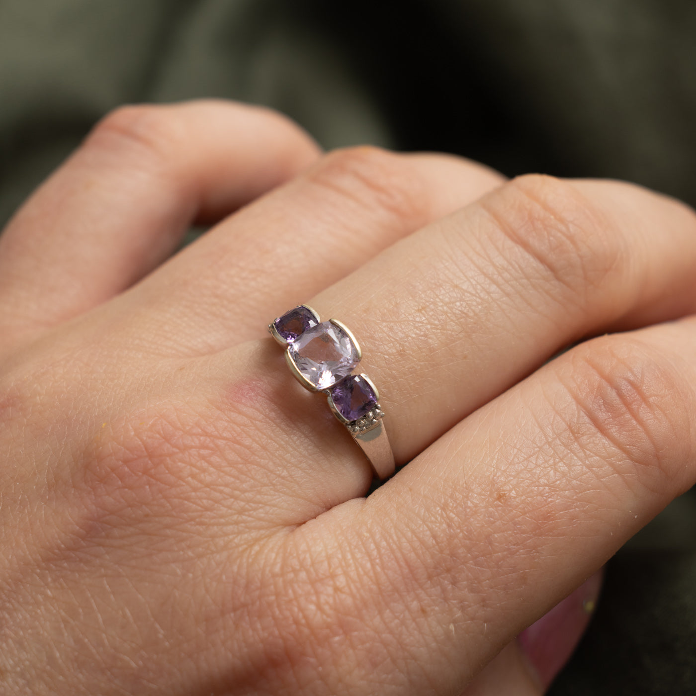 10k Three Stone Cushion Cut Scapolite, Amethyst & Diamond Ring | 1.38ctw, 0.01ctw | SZ 6.5
