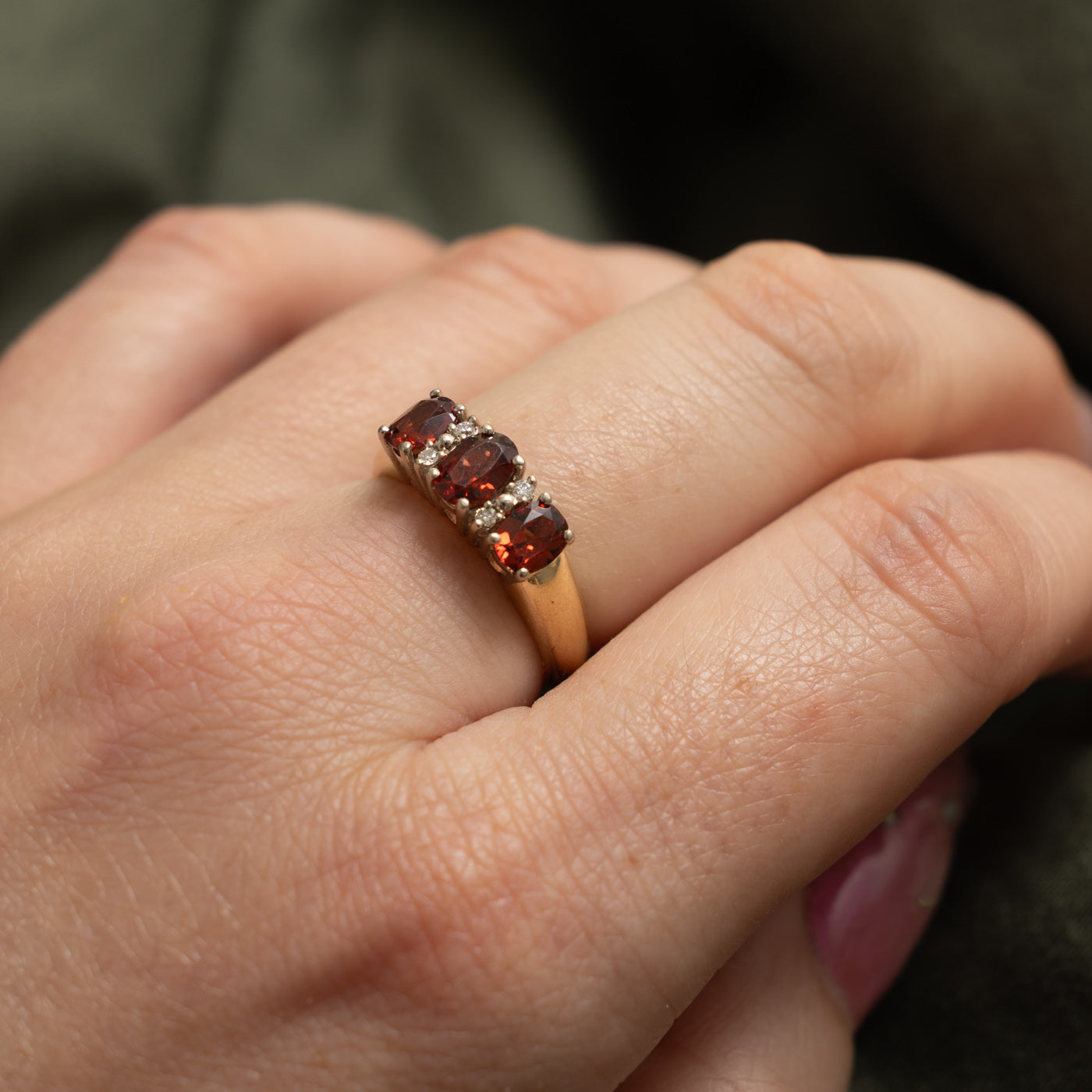 'Birks' Three Stone Garnet & Diamond Accented Ring | 1.00ctw, 0.04ctw | SZ 6.5