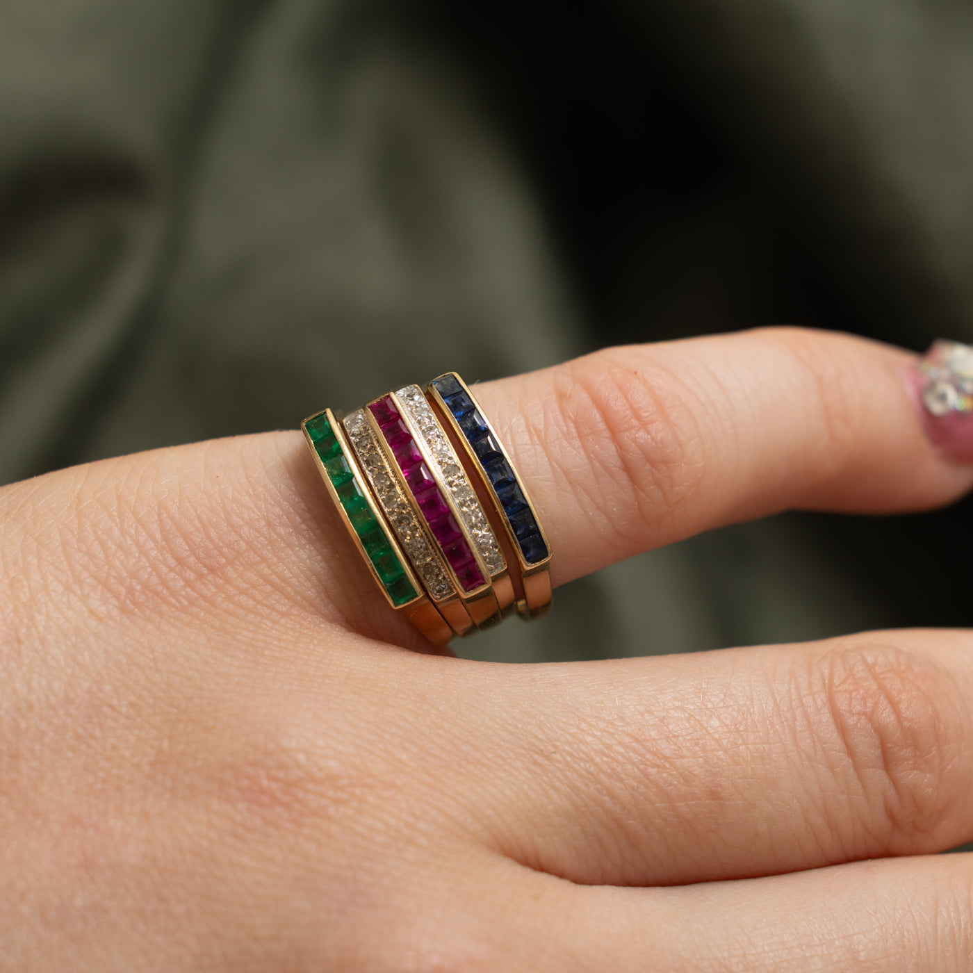 14k Multi Row Ruby, Sapphire, Emerald & Diamond Stacked Band | 1.00ct, 0.16ctw | 6.00mm | SZ 6