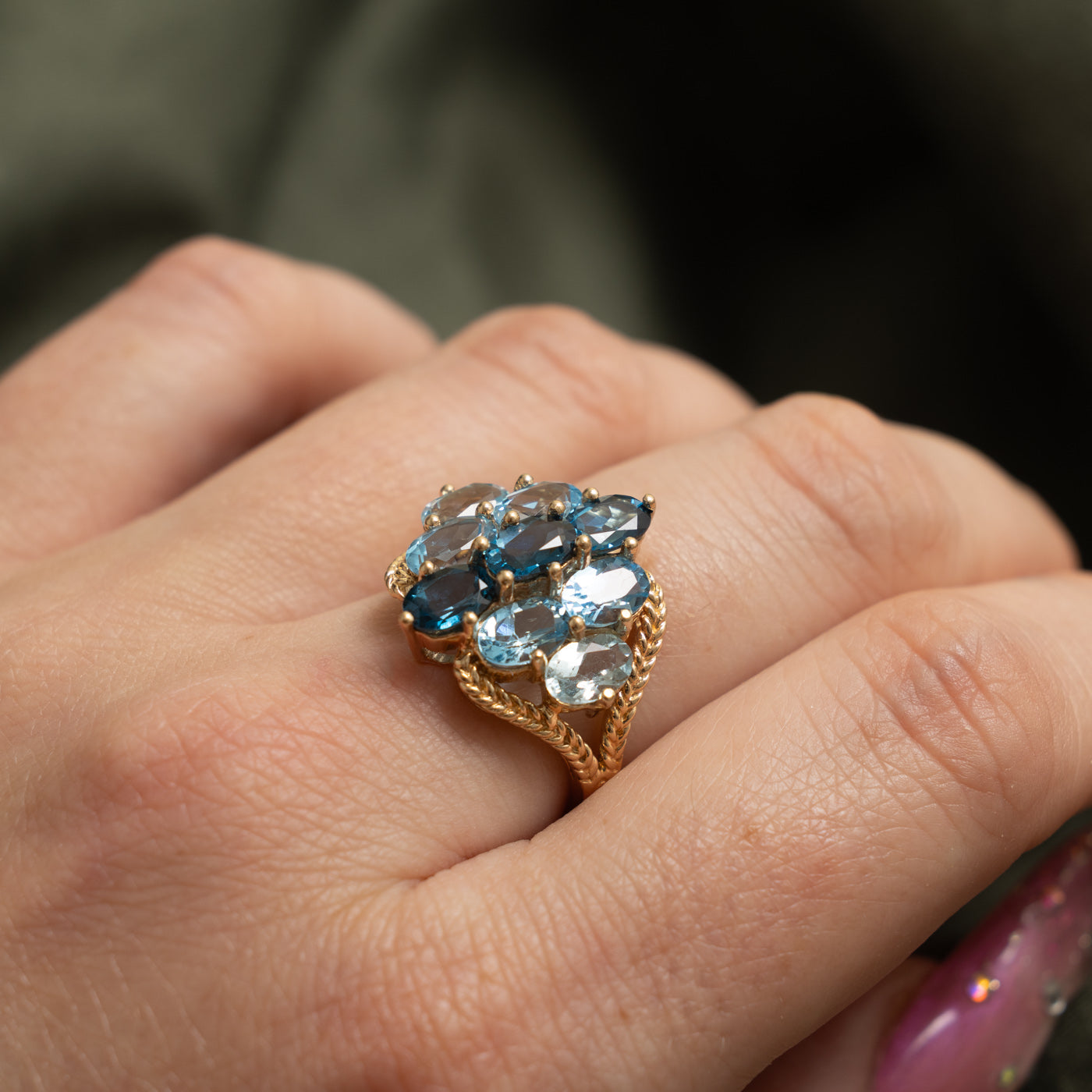 14k Blue Topaz & Aquamarine Cluster Rope Cocktail Ring | 4.50ct | SZ 6