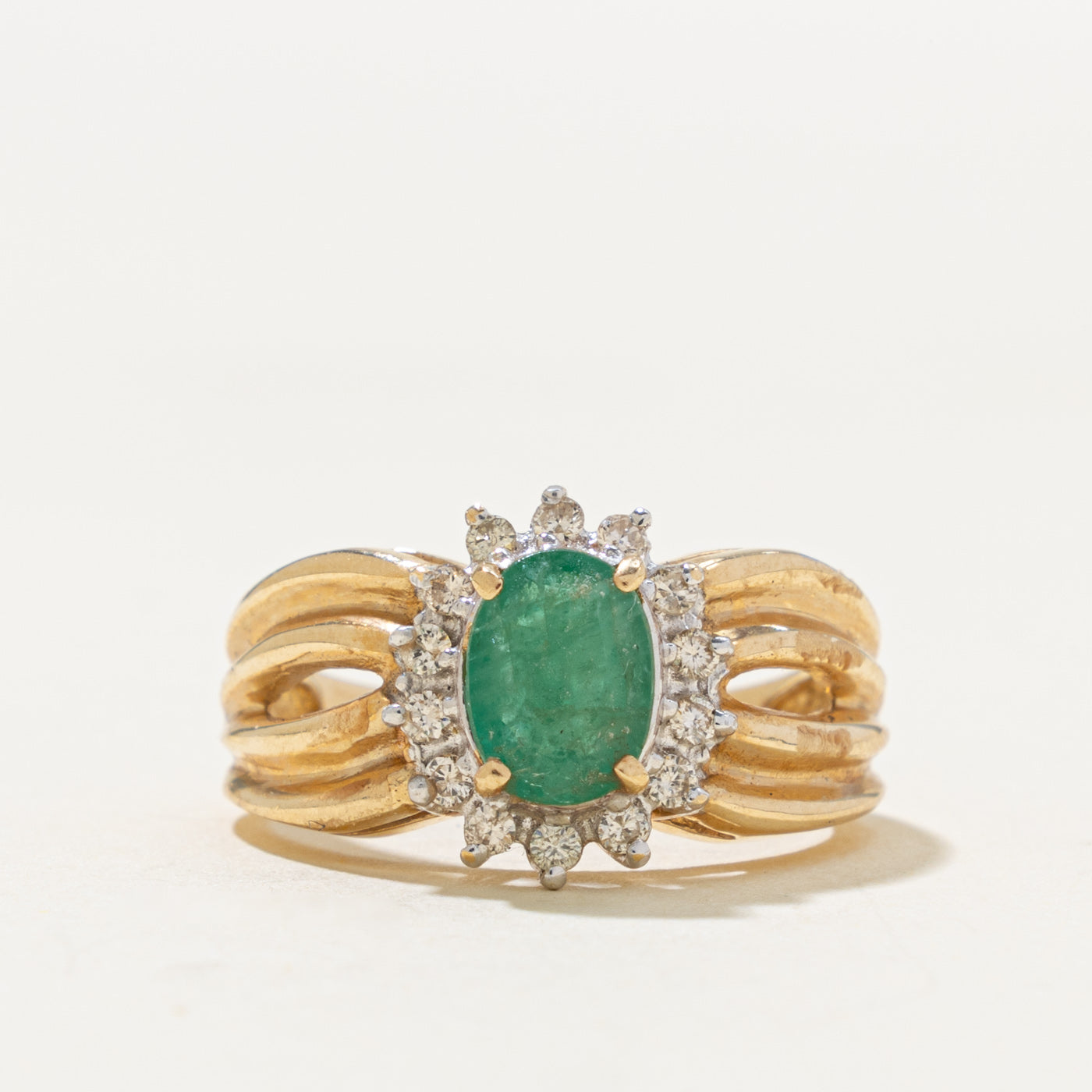 14k Emerald & Diamond Petal Halo Grooved Ring | 0.76ct, 0.14ctw | SZ 5