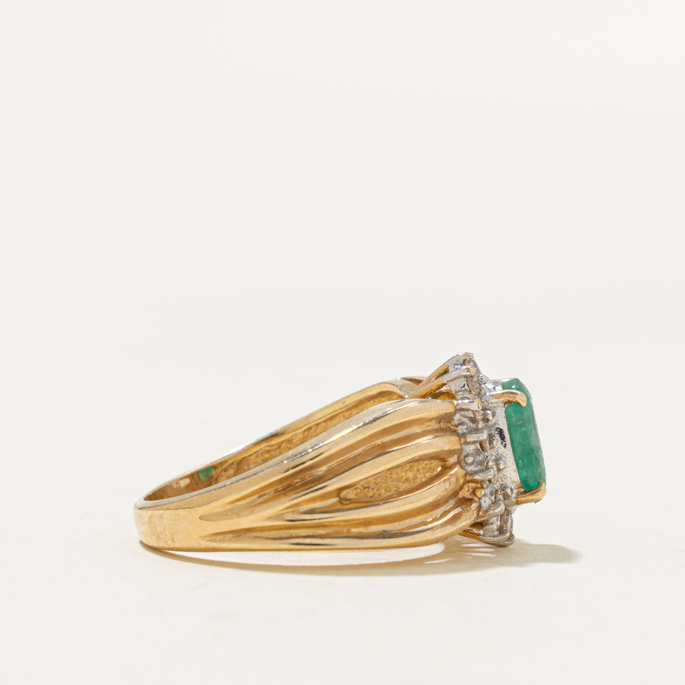 14k Emerald & Diamond Petal Halo Grooved Ring | 0.76ct, 0.14ctw | SZ 5