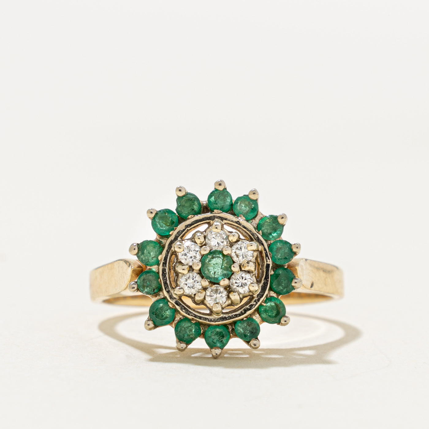 14k Emerald & Diamond Floral Cluster Ring | 0.30ct, 0.12ctw | SZ 6.75