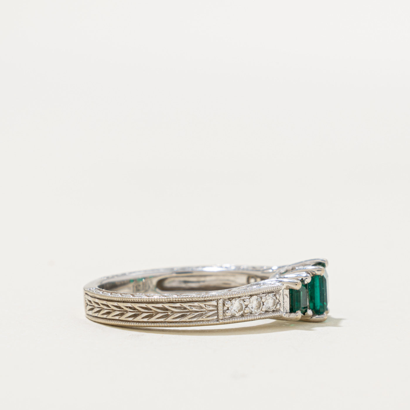 14k Three Stone Synthetic Emerald & Diamond Engraved Ring | 0.85ct, 0.12ctw | SZ 7