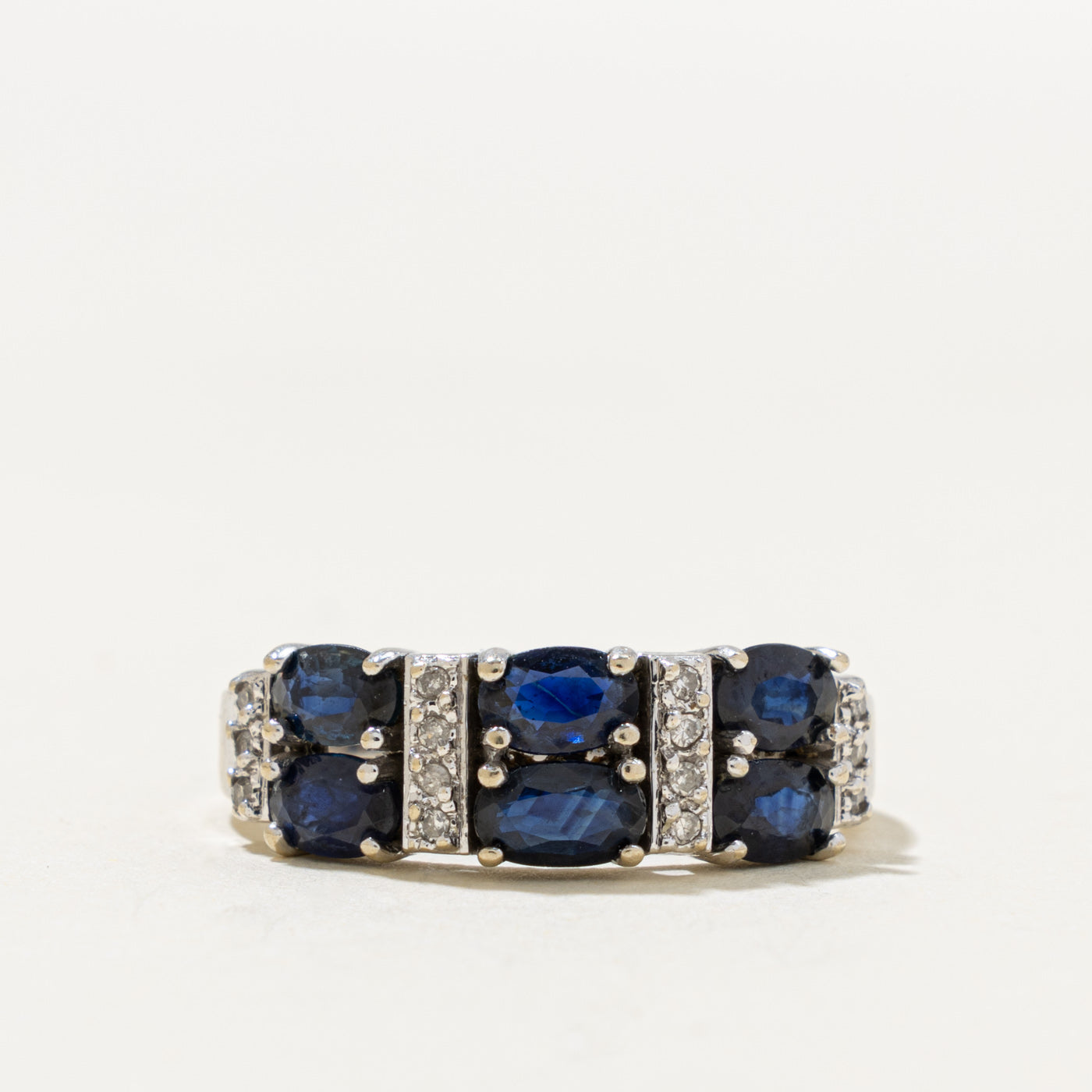 14k Oval Cut Sapphire & Diamond Grid Ring | 1.50ct, 0.06ctw | SZ 7