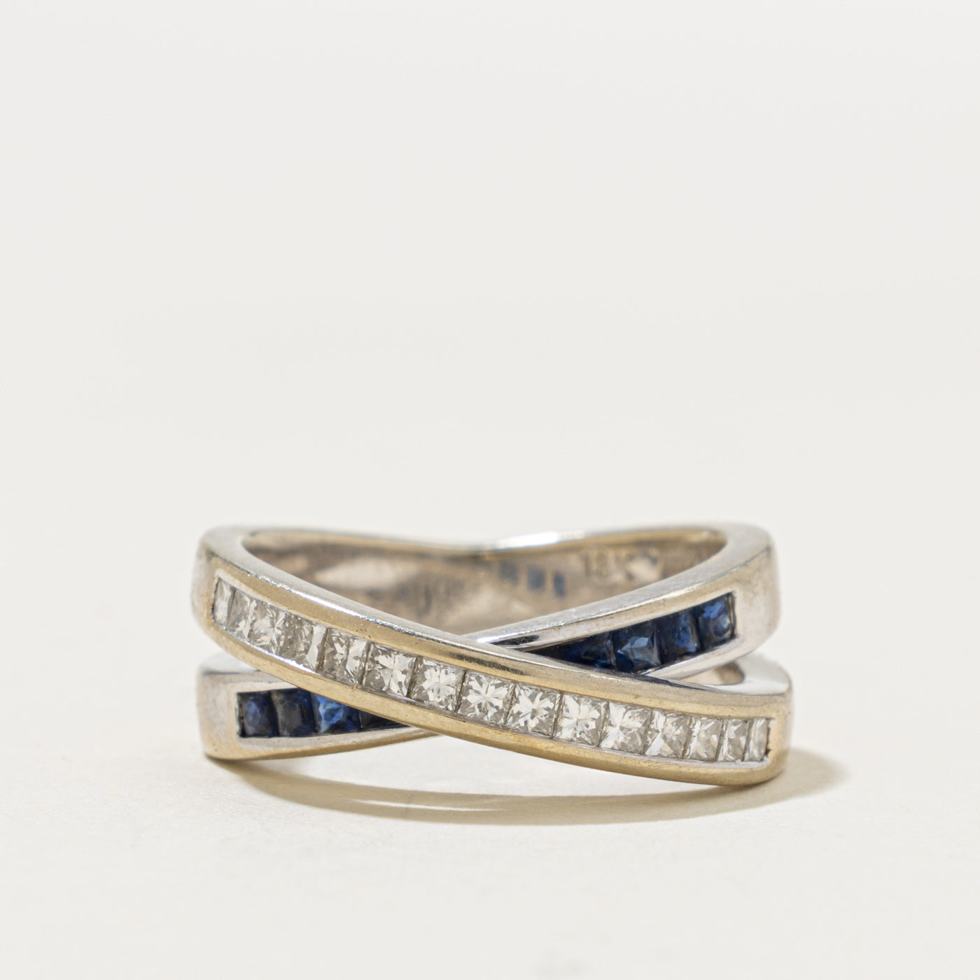 18k Semi Eternity Sapphire & Diamond Cross Over Ring | 0.30ct, 0.36ctw | SZ 4.75
