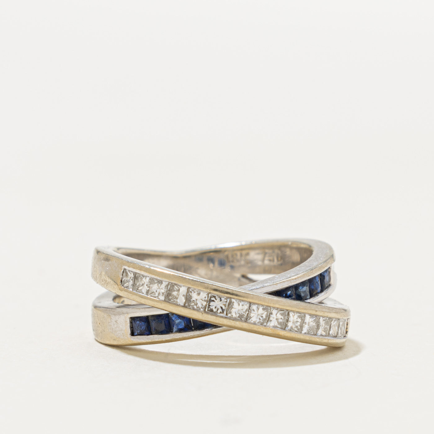 18k Semi Eternity Sapphire & Diamond Cross Over Ring | 0.30ct, 0.36ctw | SZ 4.75
