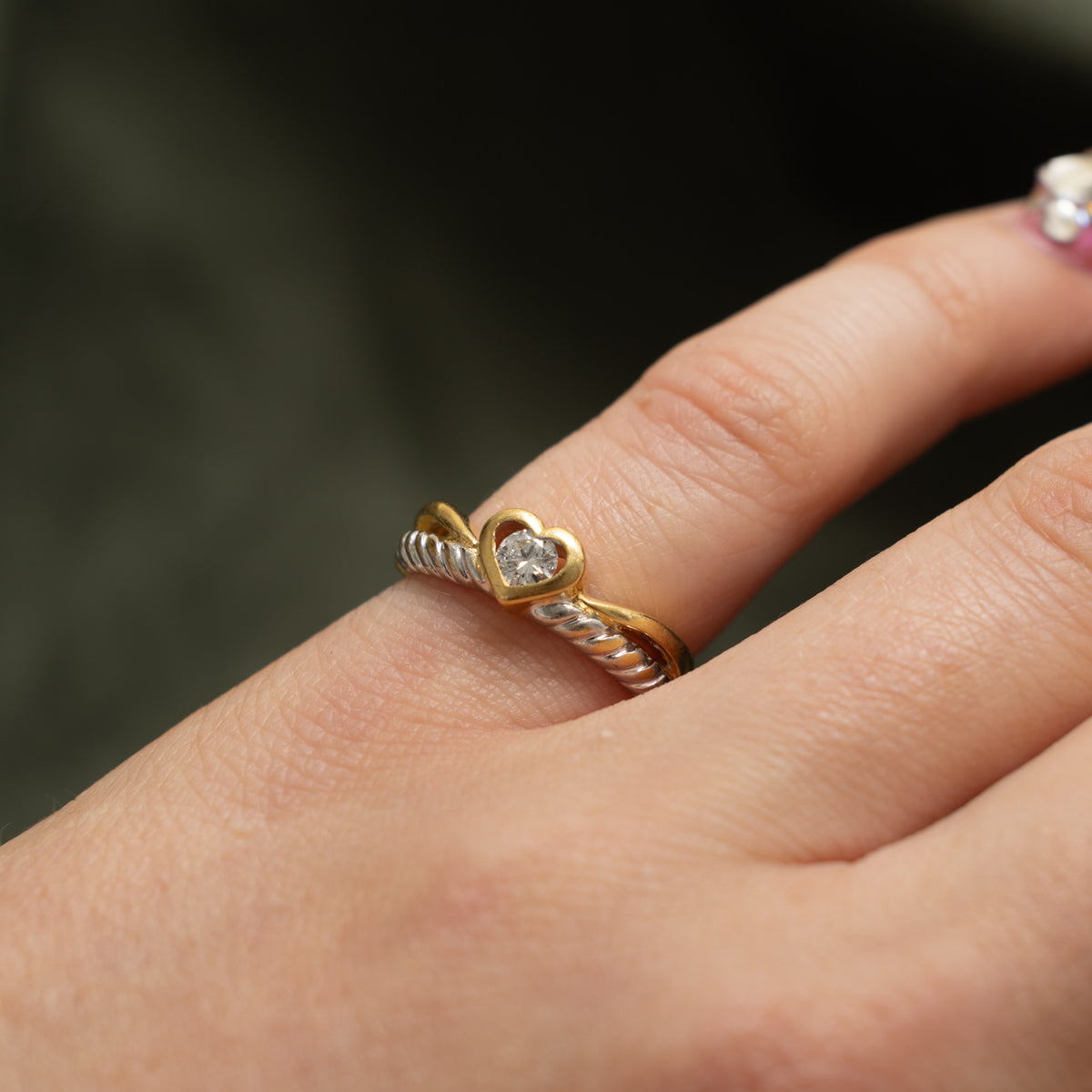 18k Two Tone Diamond Rope Heart Ring | 0.18ct | SZ 6