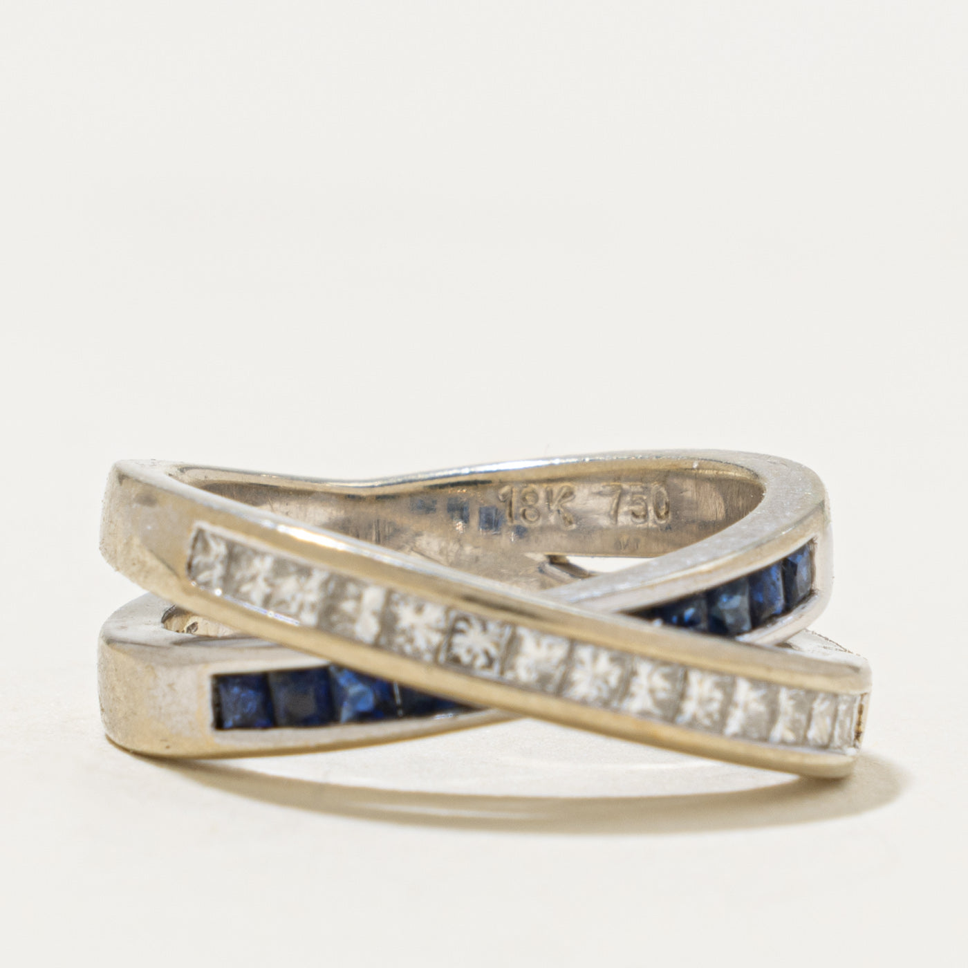 18k Semi Eternity Sapphire & Diamond Cross Over Ring | 0.30ct, 0.36ctw | SZ 4.75