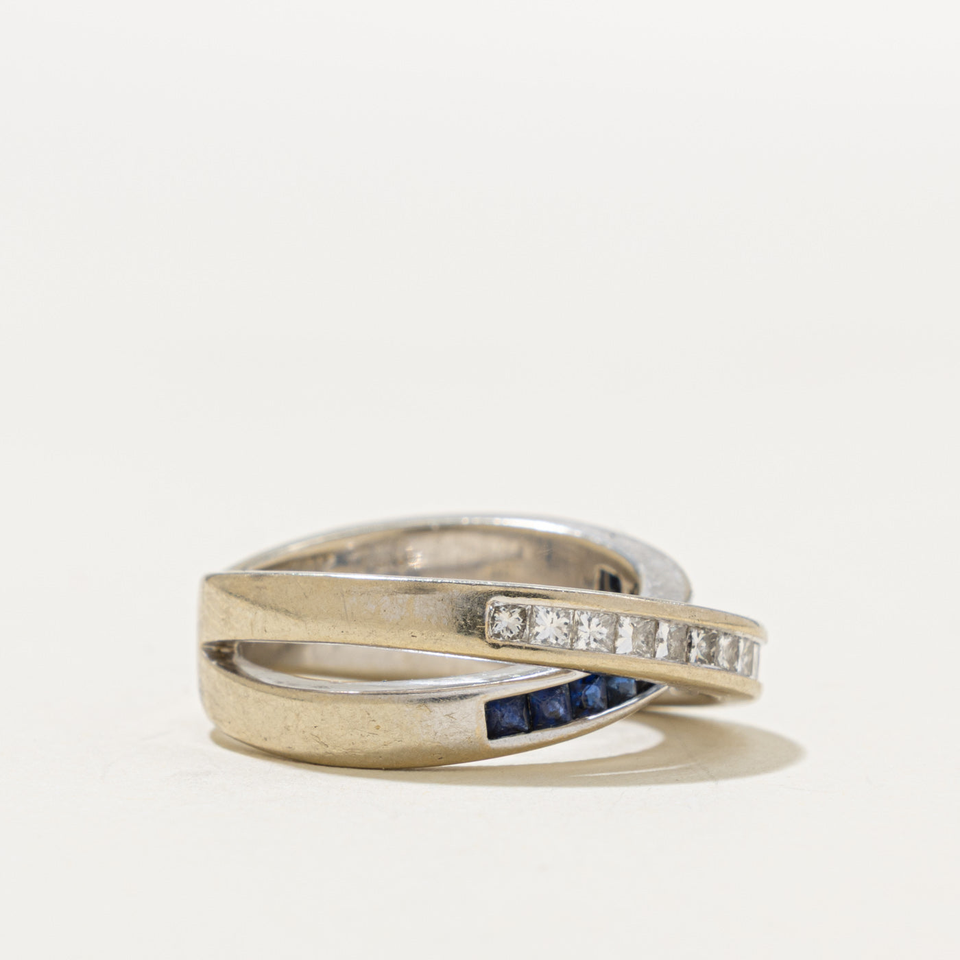 18k Semi Eternity Sapphire & Diamond Cross Over Ring | 0.30ct, 0.36ctw | SZ 4.75