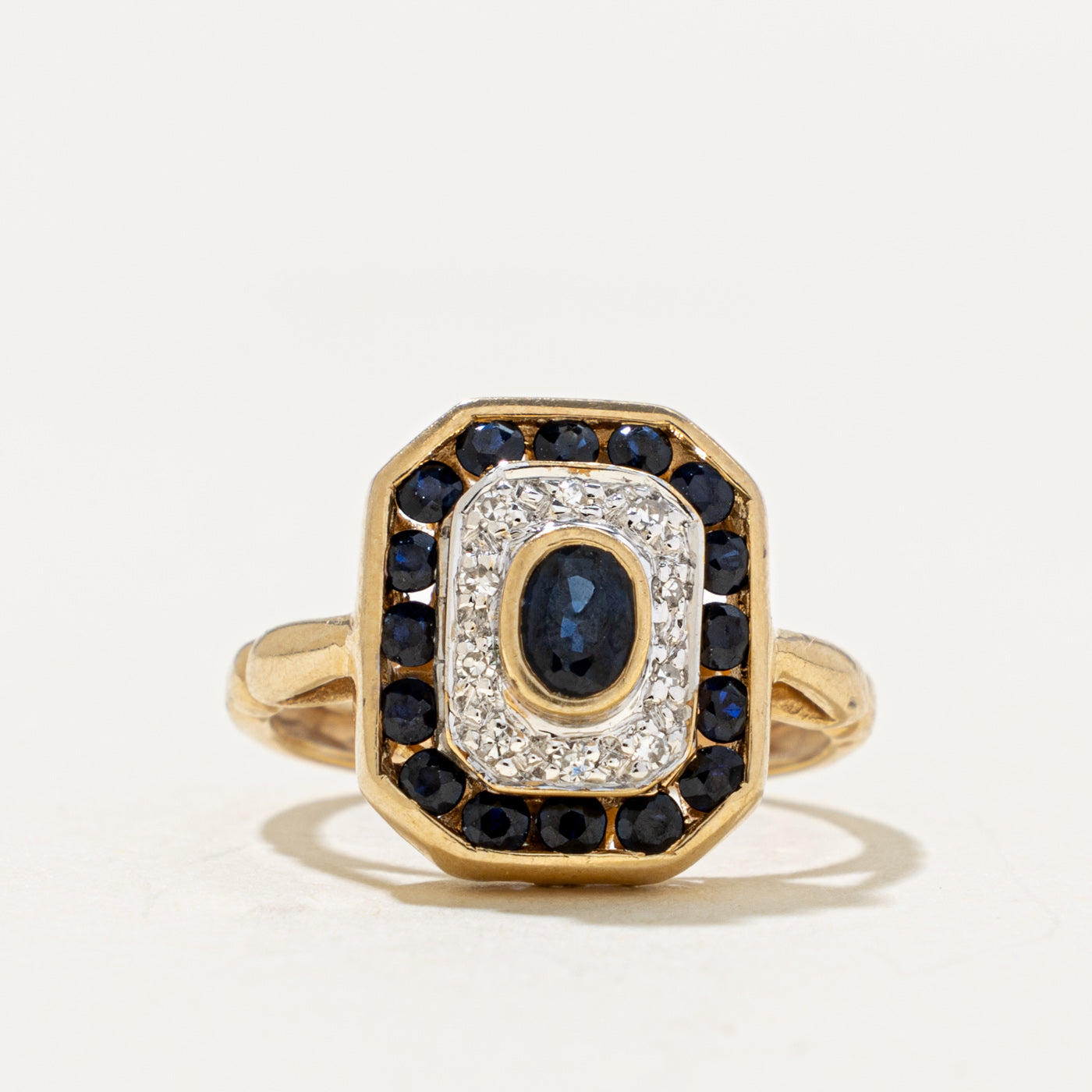 14k Bezel Set Sapphire & Diamond Halo Geometric Ring | 0.60ct, 0.10ctw | SZ 3